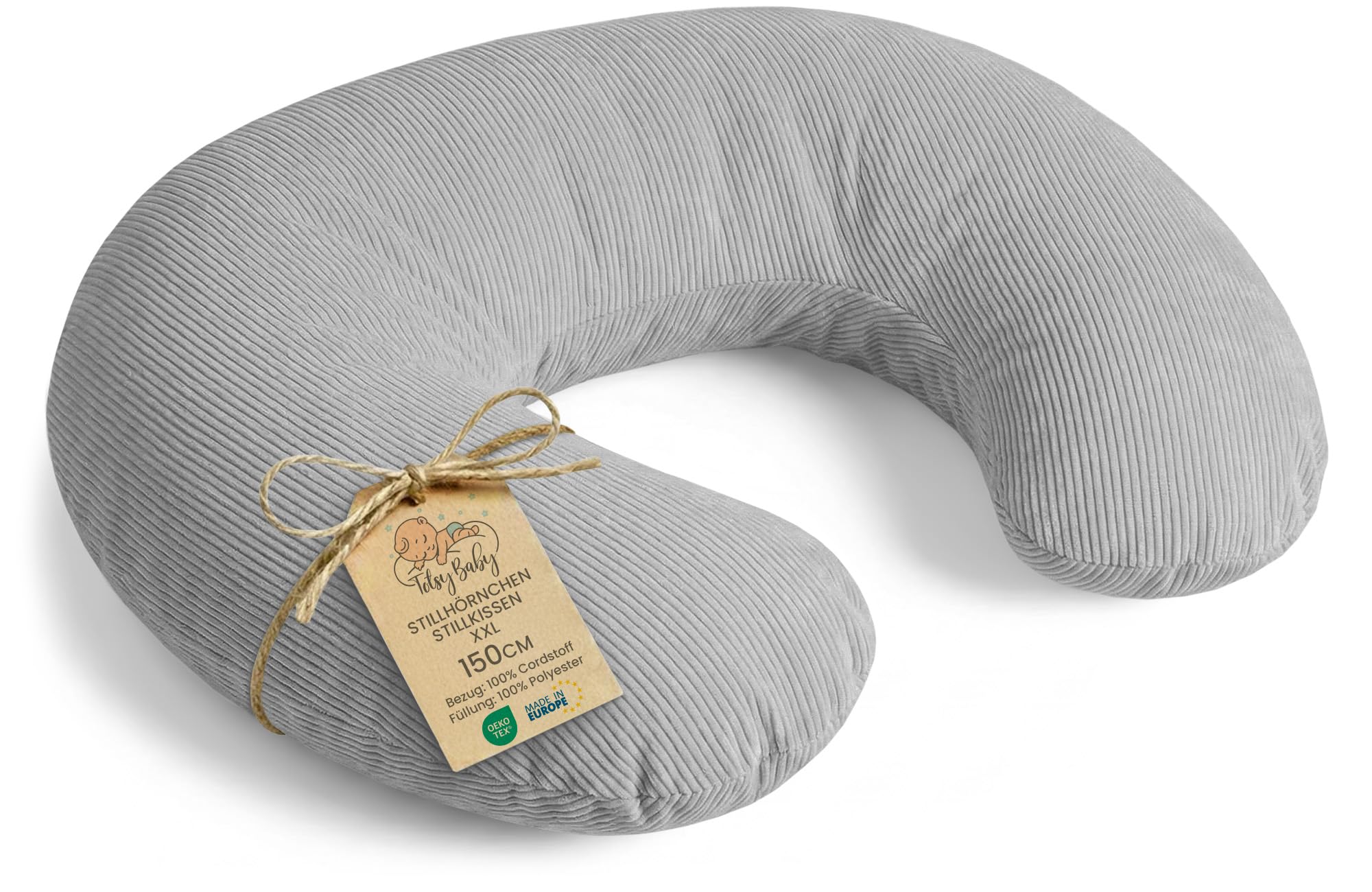 Stillkissen klein Mond Cordstoff Premium 150 cm - Nursing und Breastfeeding Pillow Stillmond Stützkissen Stillhörnchen kleines Still Kissen und Lagerungskissen beim Stillen Oeko-Tex Hellgrau