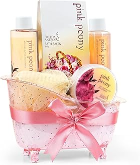 Freida and Joe Home Spa Gift Basket Peony Spa Set For Women, Contains Shower Gel, Bubble Bath, Body Lotion, Peony Bath Salt & Puff in a Pink Feminine Tub Luxury Body Care Mothers Day Gifts for Mom