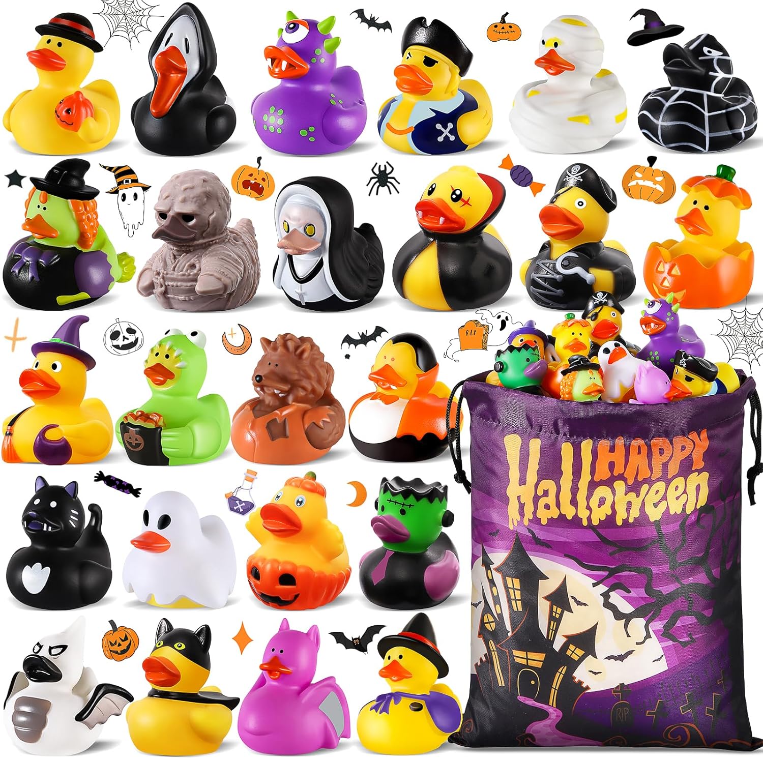 24 PCS Halloween Rubber Ducks with Bag, Bulk Halloween Ducks Toys for Jeeps Ducking Party Favors Goodie Bag Stuffers, Horror Ducks for Halloween Treats Non Candy Prizes Bath Toys Gifts for Kids