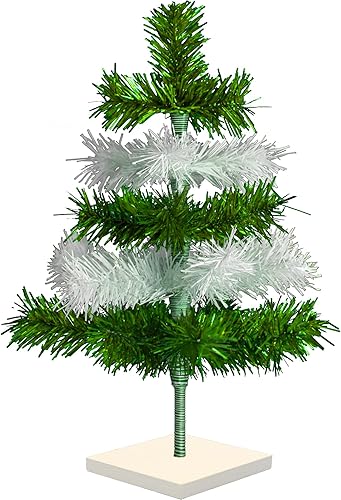 Árbol de Navidad artificial de oropel verde metálico y blanco mate con soporte incluido 18 pulgadas