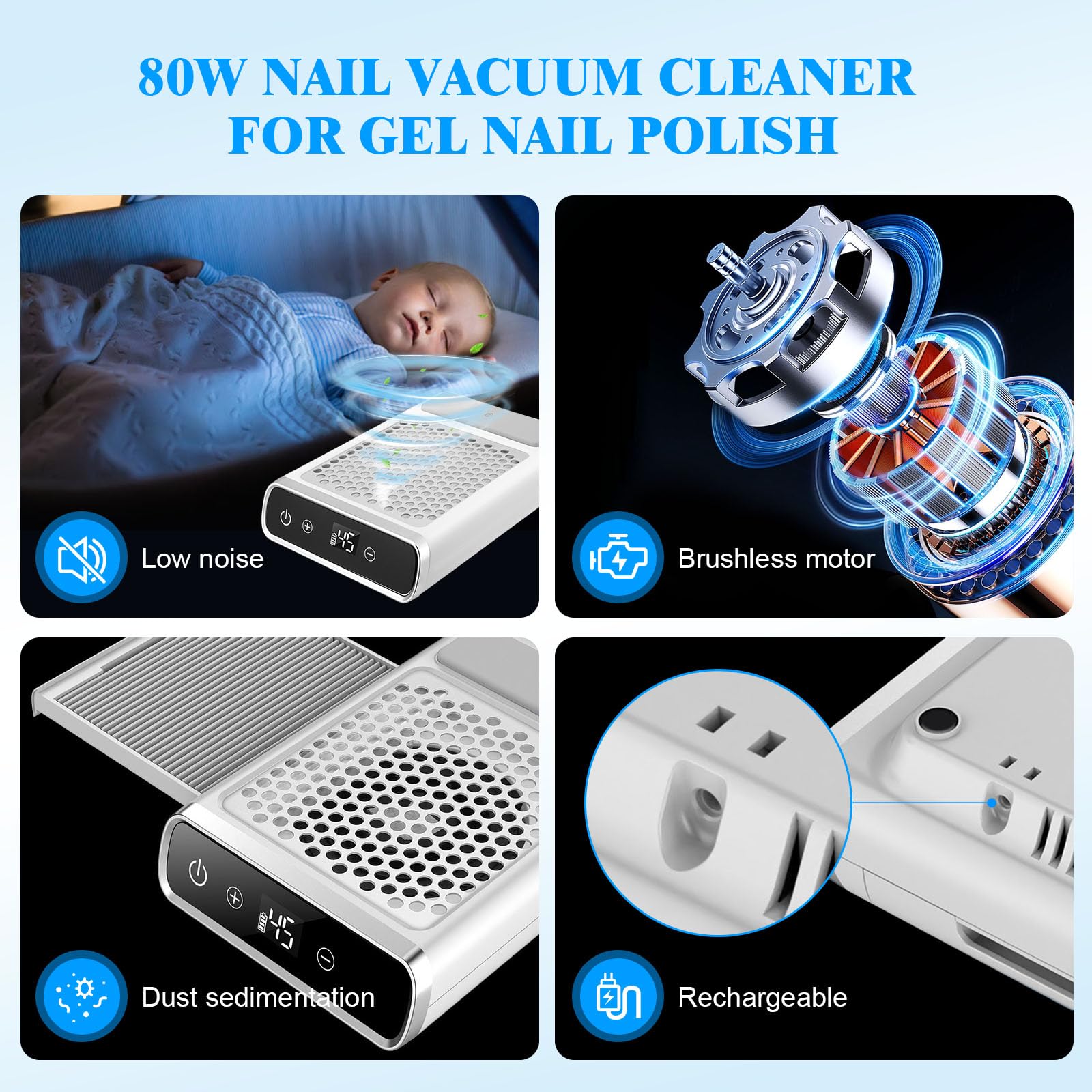 Aspirador de uñas Profesional 80W, Recargable Extractor De Polvo Para Uñas, 4500RPM Máquina Recolectora De Polvo De Uñas, Aspirador de Mesa Potente de Velocidad Ajustable para Manicura,Pulido