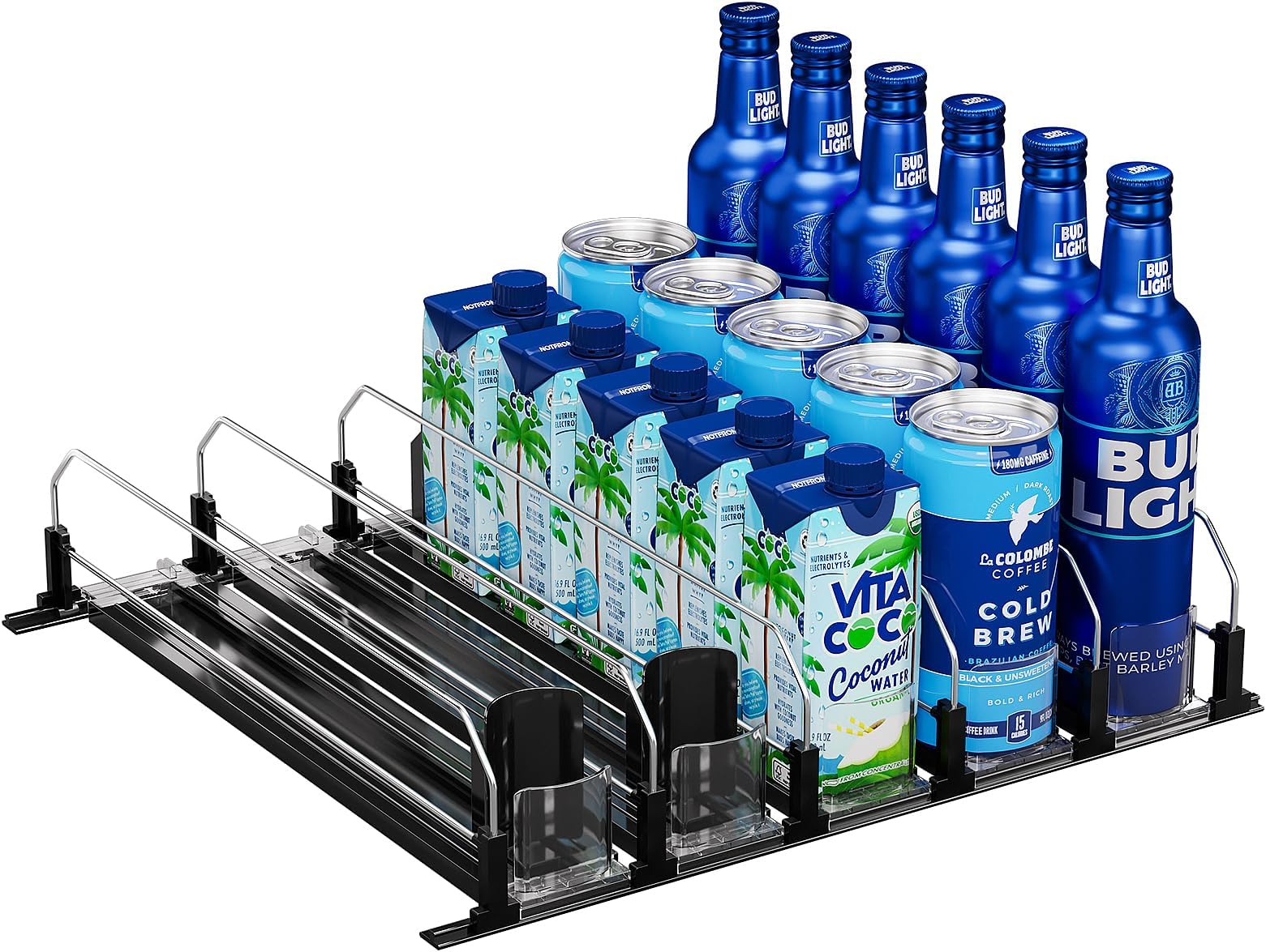 Puricon Soda Can Organizer for Fridge Refrigerator, Spring Loaded Self-Pushing Automatic Glide Adjustable Drink Beverage Rack Bottle Dispenser Storage -Black, 5 Rows