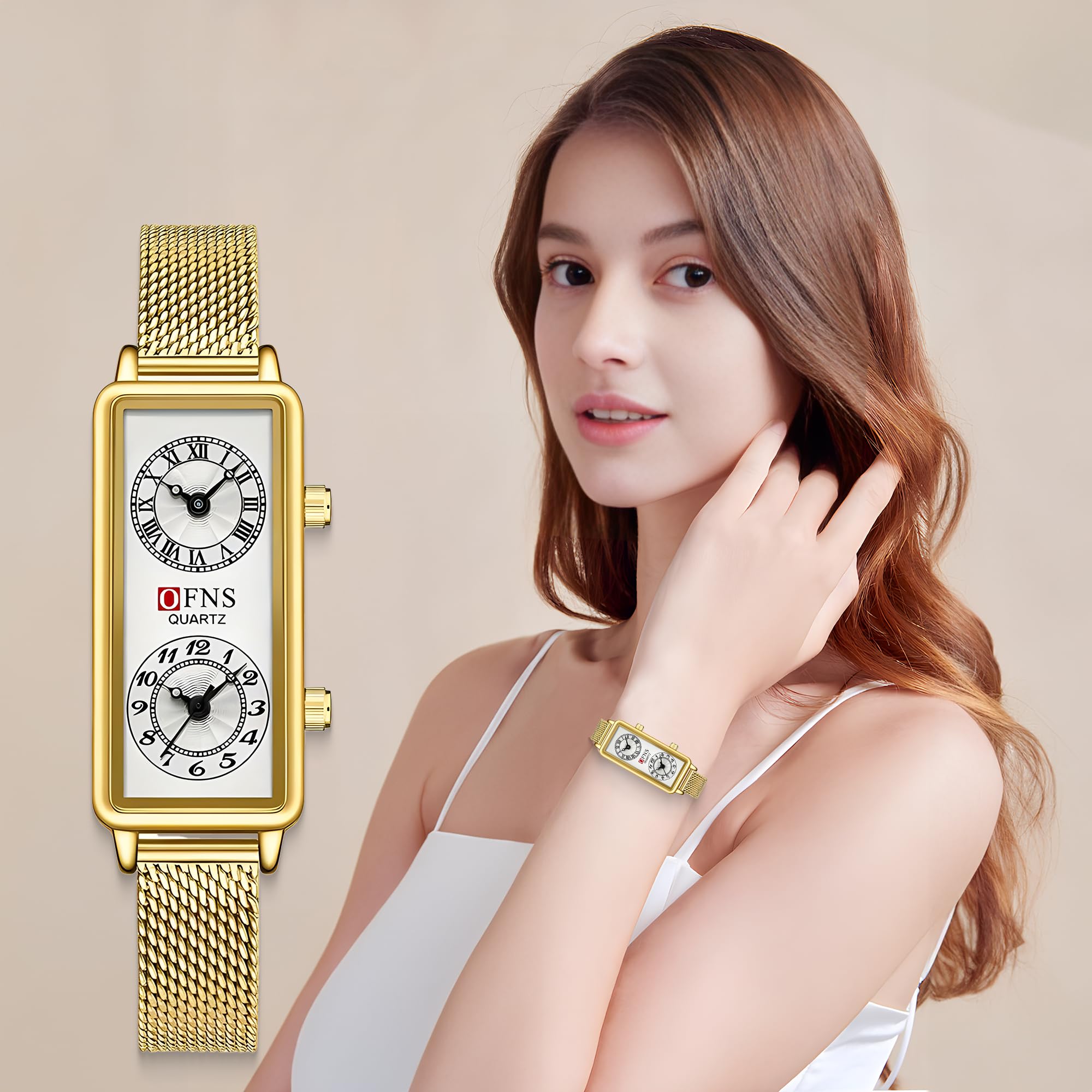Fashionable Women's Quartz Watch, Rectangular Dial with Dual Time Zones, 30m Water Resistant (Mesh Gold)