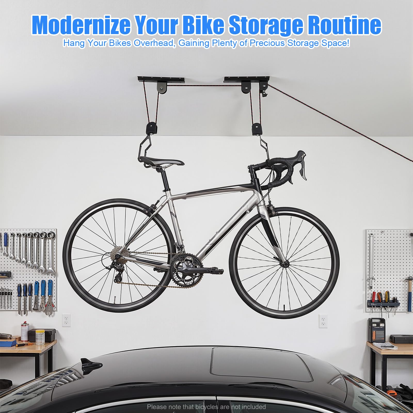 Sollevatore da soffitto per bicicletta da montare al soffitto, gancio universale per mountain bike, robusto supporto per bicicletta con sistema a fune, per riporre e riporre in modo salvaspazio e da