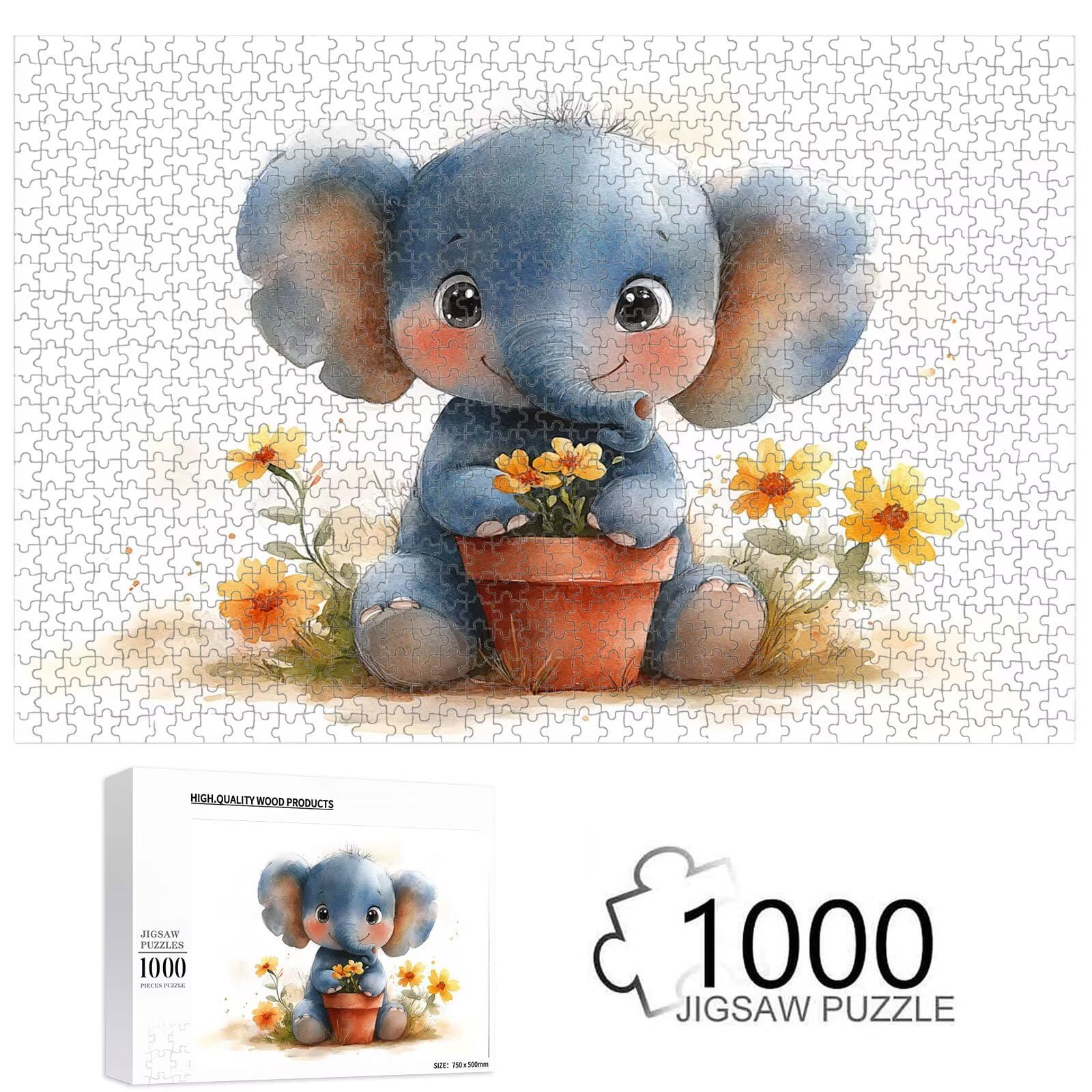 Puzzle 1000 Teile für Erwachsene, Elefant & Blume Holzpuzzle, 1T#1239
