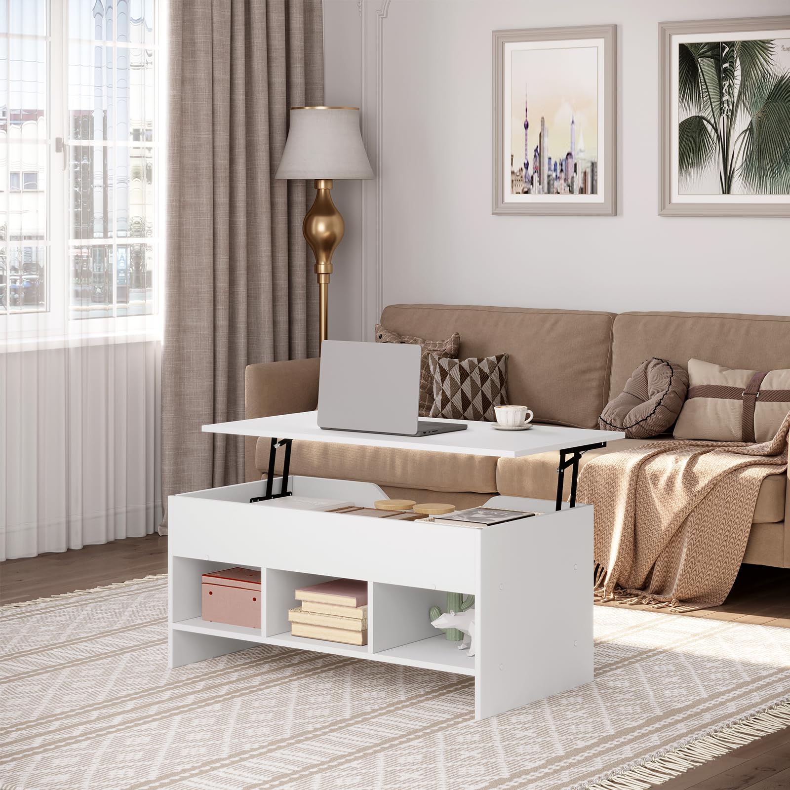 WOLTU Mesa de Centro Elevable y Extensible con Superficie Elevable | 3 Estantes Abiertos,Fácil de montar，Capacidad de carga máxima 30 kg,Mesita Pequela para Salon,Blanco,95x(40-55.5)x50 cm