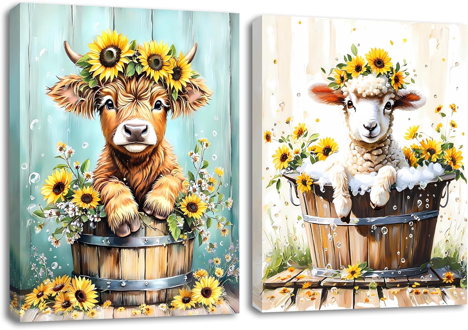 Funny Highland Cow Bathroom Canvas Wall Art,Rustic Farmhouse Cow Eating Sunflowers Canvas Print Painting for Bedroom Living Room Nursery Kitchen Office Home Decor-12 x16