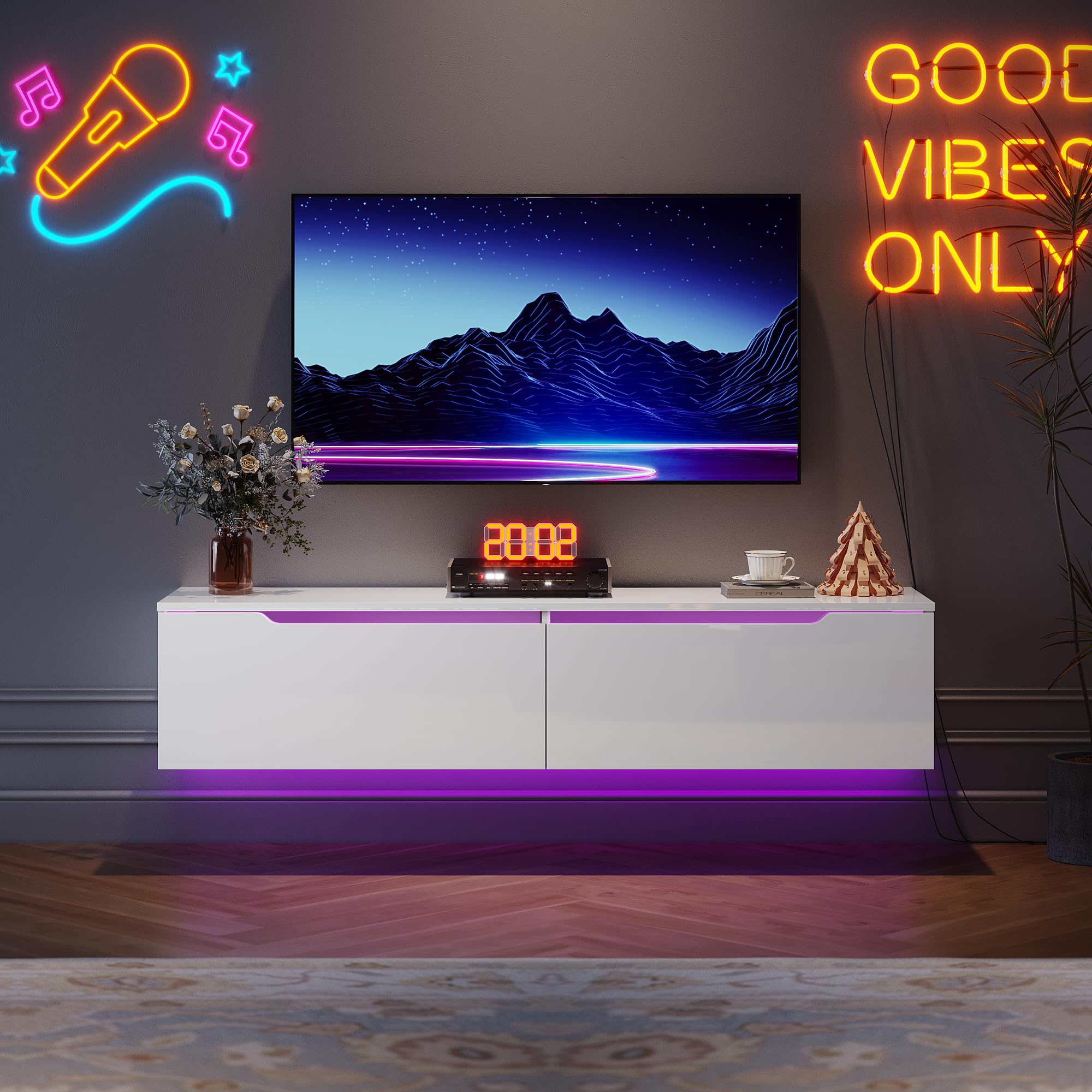 SIRHONA Meuble TV LED Blanc Laqué éclairage LED avec 16 Couleurs Ajustables, Plateau TV Haute Brillance, sur Pied ou Suspendu, pour Le Salon ou La Chambre à Coucher