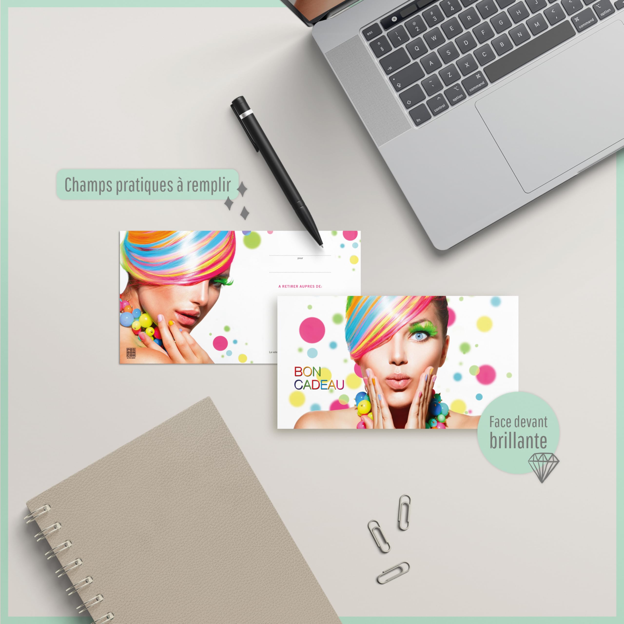 POS BON - 100 bons cadeaux à remplir avec enveloppe/nœud ruban - formulaires imprimés pour des salons de coiffure K1266F-2-100-V1