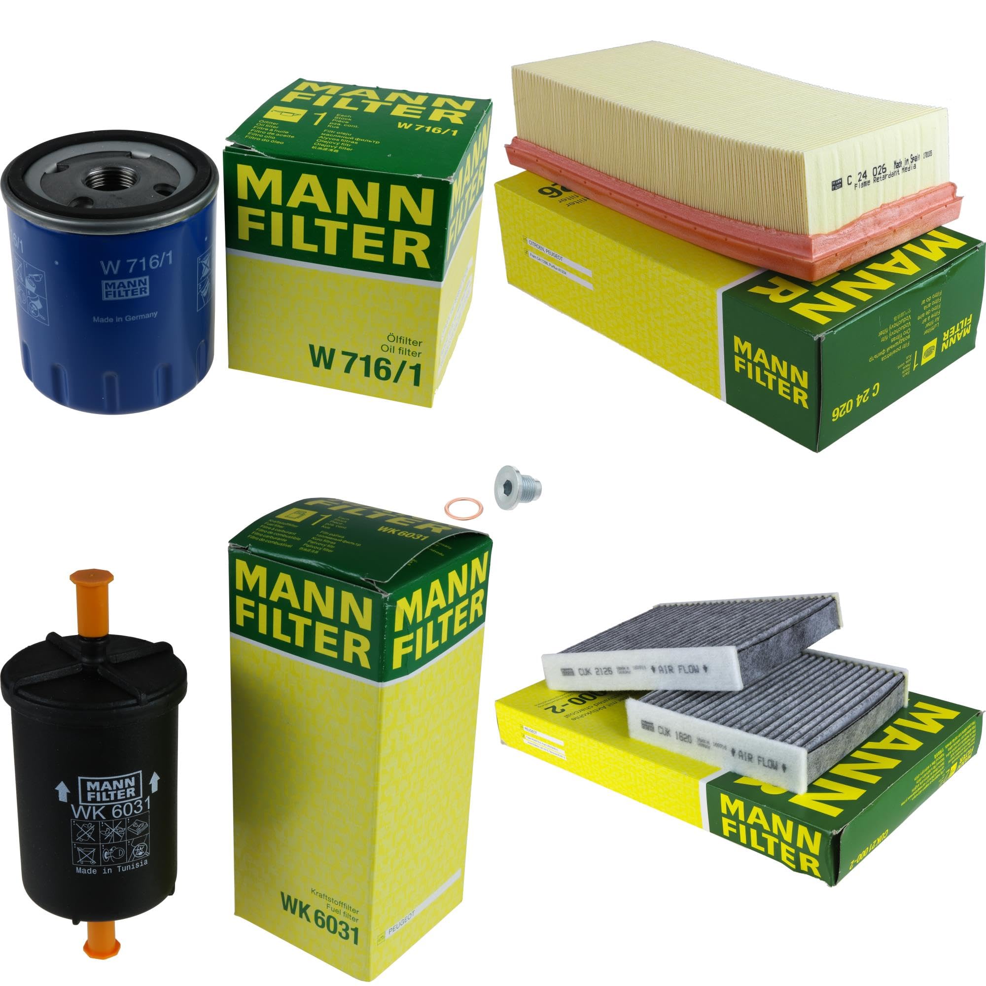 Paquete de inspección Kit de mantenimiento de filtros con filtro de aceite W 716/1, filtro de aire C 24 026, filtro de combustible WK 6031, filtro de habitáculo CUK 21 000-2, tornillo de