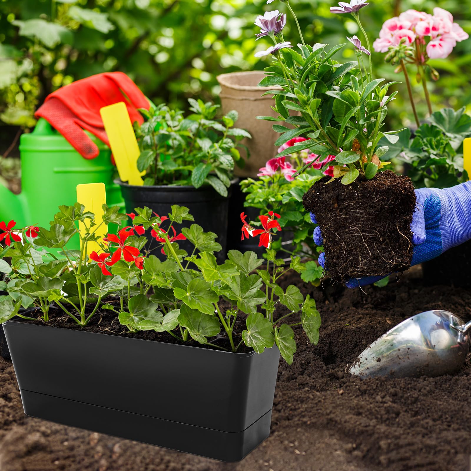 APACALI 4 Pack Rectangular Plant Pots, 30.5 x 9.7cm Window Box Planter with Tray, Garden Troughs Planters with Drainage Holes, Flower Pots Outdoor for Balcony, Office, Garden, Windowsill, Black - Image 4