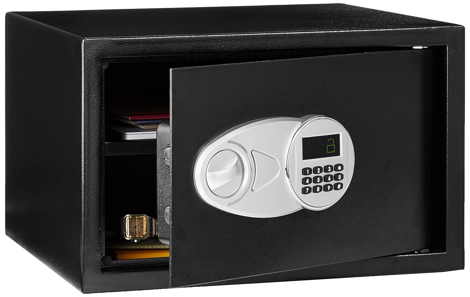 Amazon Basics Steel Security Safe and Lock Box with Digital Keypad Easy to Use Removable Shelf Secure Cash