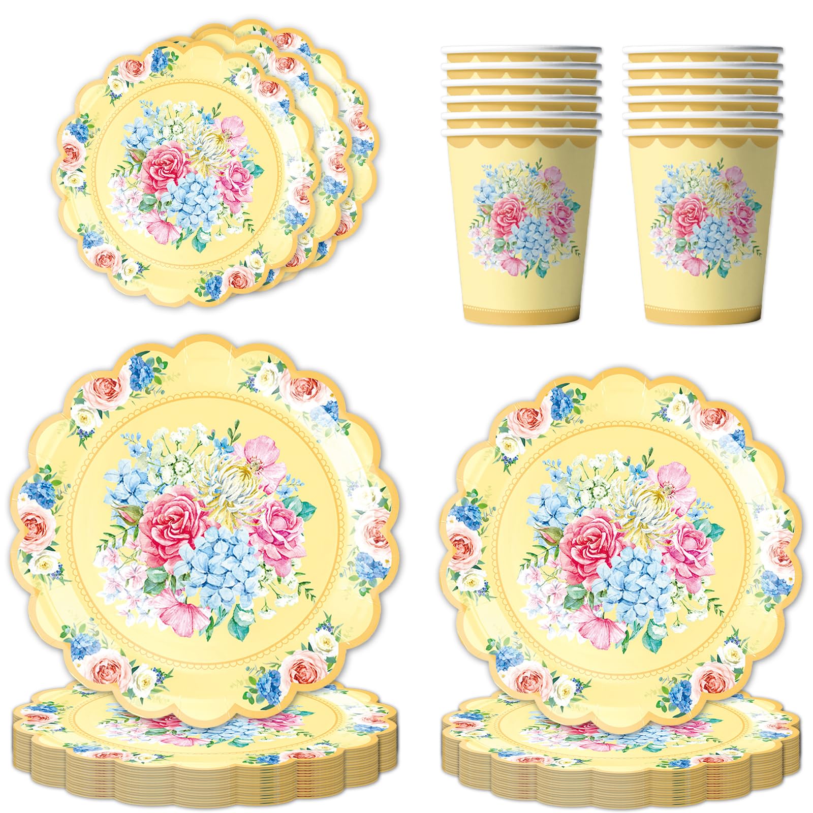 Vectorgolden 80Pcs Yellow Tea Party Tableware Set Afternoon Tea Party Tableware Paper Plates Paper Cups Napkin Vintage Floral Party Decorations for Birthday Baby Show Tea Party Serve 20 Guests
