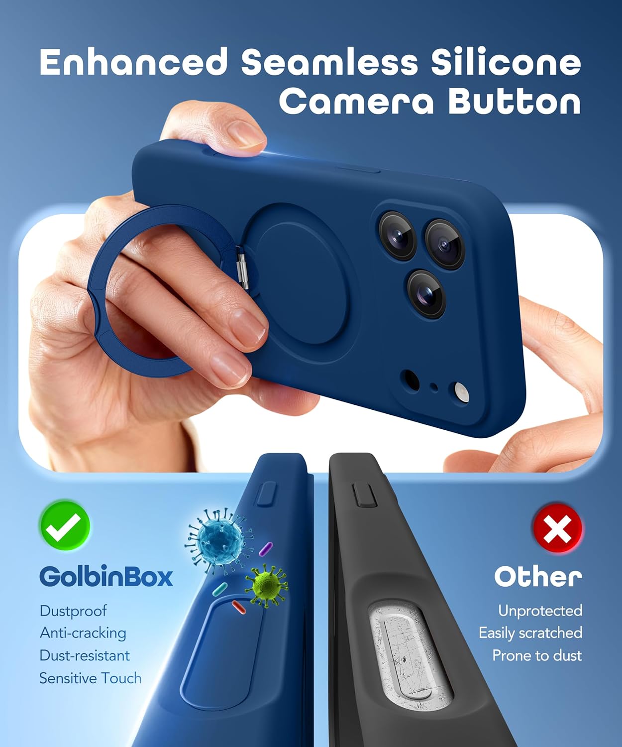 GolbinBox for iPhone 17 Pro Max Case with 360° Spin Magnetic Stand, [Compatible with MagSafe] [Full Camera Protection], Shockproof Liquid Silicone Case with Ring Stand for 17 Pro Max 6.9'', Ice Blue - Image 6