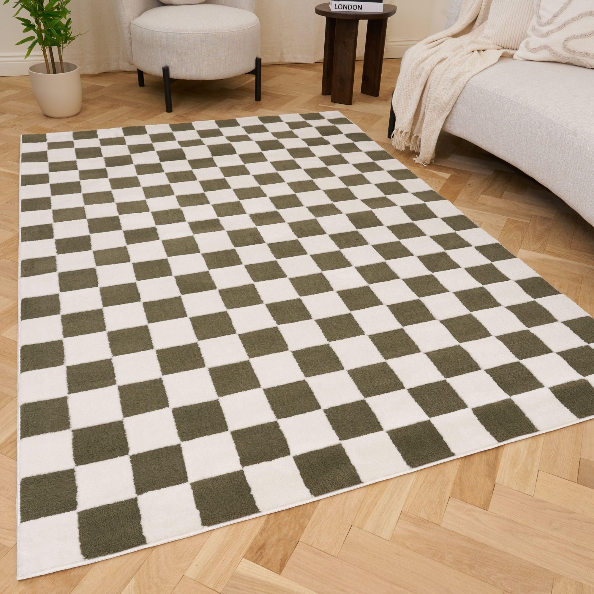 THE RUGS Loft Checkered Living Room Area Rug & Runners Soft Pile in Olive | Size: 80cm x 150cm