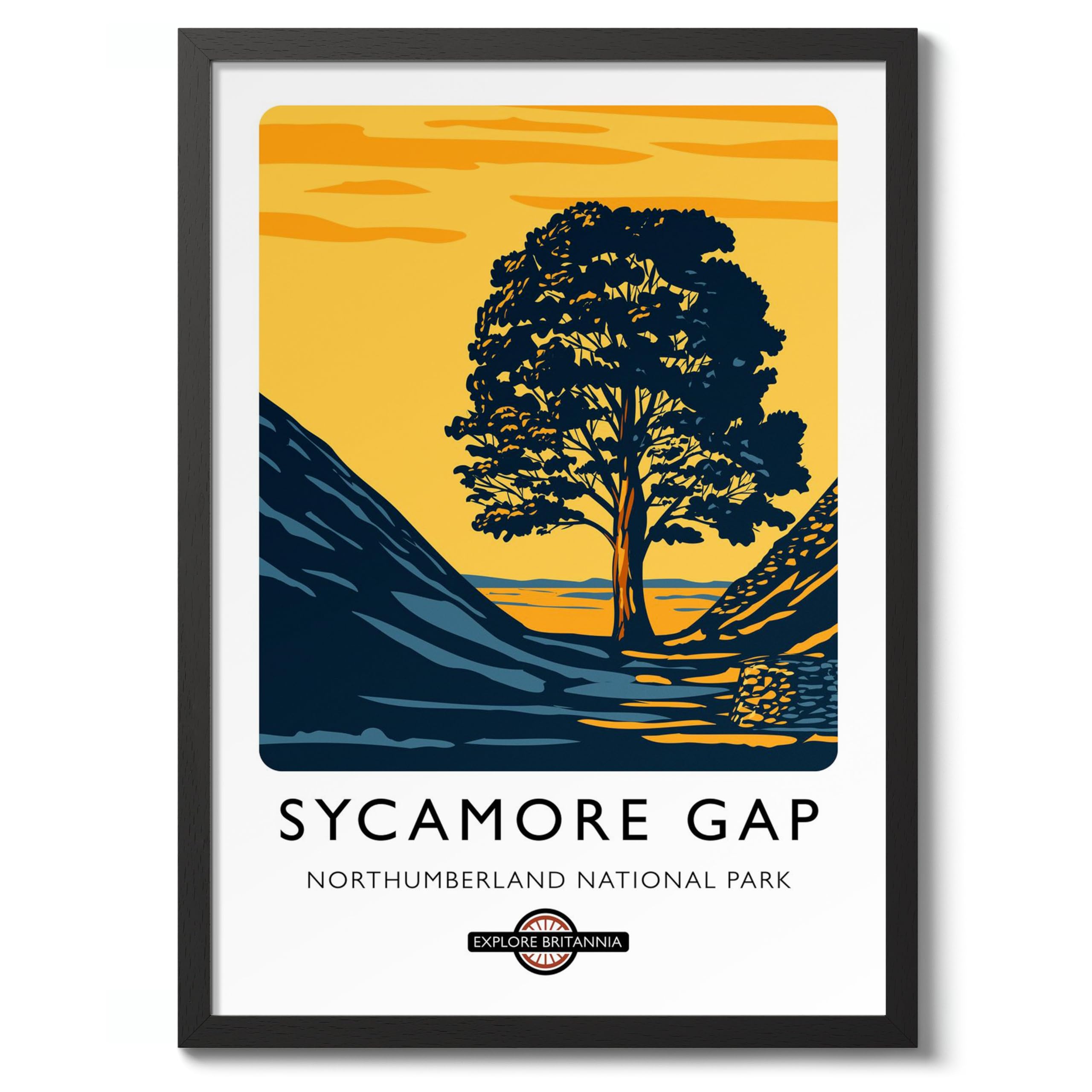 Sycamore Gap, Northumberland National Park England Travel Poster, Explore Britain Modern Illustration Destination Print, Modern British UK Living Room Decor, A2 (Black Frame) - 62.5x45.1cm — image 1