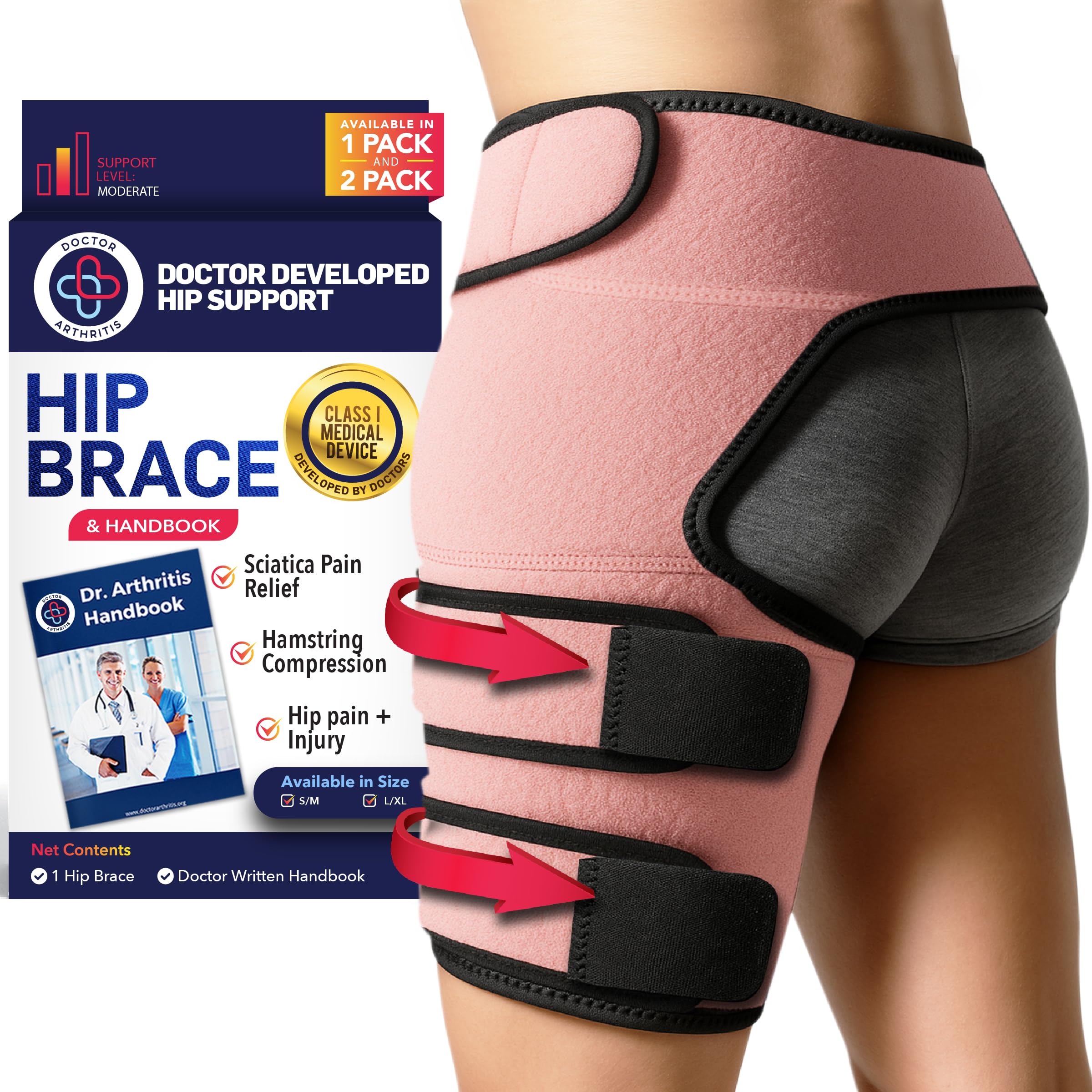 Doctor Developed Stabilizing Hip Support Brace - Sciatica Pain Relief, Piriformis Syndrome and Sciatic Nerve Pain - Thigh compression, Hamstring compression wrap - Doctor Handbook included - Women & Men (L/XL, Pink)