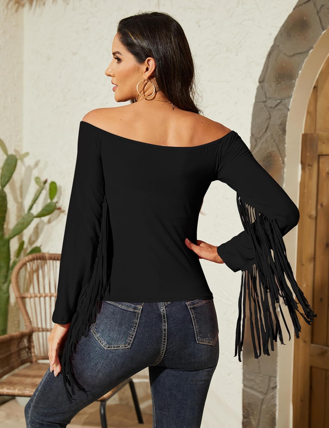 Fringe Tops for Women Western Cowgirl Off The Shoulder Fall Long Sleeve with Tassels Stretchy Crop Shirts Blouses - Image 5