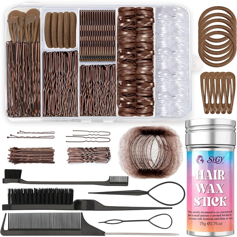 Kit de peinado de ballet de 386 piezas, kit de moño de ballet para mujeres y niñas | Barra de cera para el cabello, 200 cintas elásticas, 50 horquillas, 50 horquillas en U, 10 redes invisibles para moños, 3 peines y cepillos, 2 herramientas para bucles