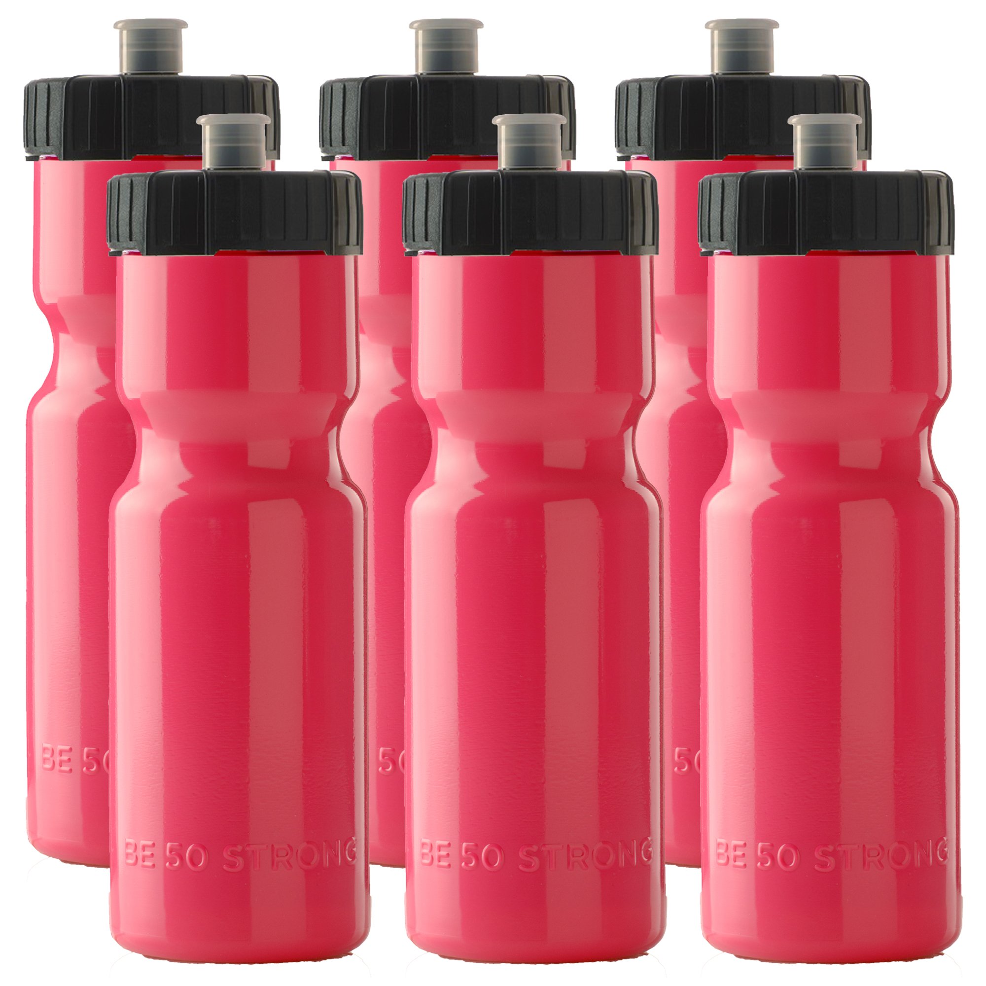 (6 pack)50 Strong Sports Water Bottle | Reusable Squeeze Water Bottles | 22 oz. BPA-Free Plastic Bottles with Pull Top Cap | Made in USA | Top Rack Dishwasher Safe | Fits Most Bike Cages