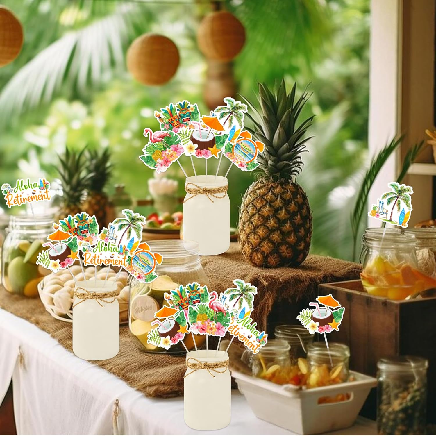 Funmemoir Tropical Retirement Party Decorations - 24PCS Centerpieces Sticks, Aloha Retirement Table Centerpieces, Beach Themed Hawaiian Luau Happy Retired Going Away Party Decoration