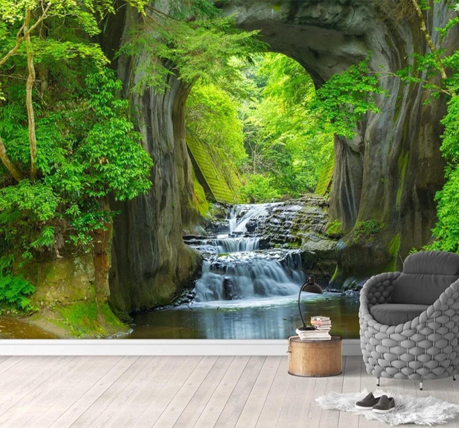 XLMING Fresh Green Forest Cave Natural Scenery 3D Wallpaper Premium Textured Silk Study Dining Living Room Bedroom Sofa TV Wall Easy Install-350cm×256cm