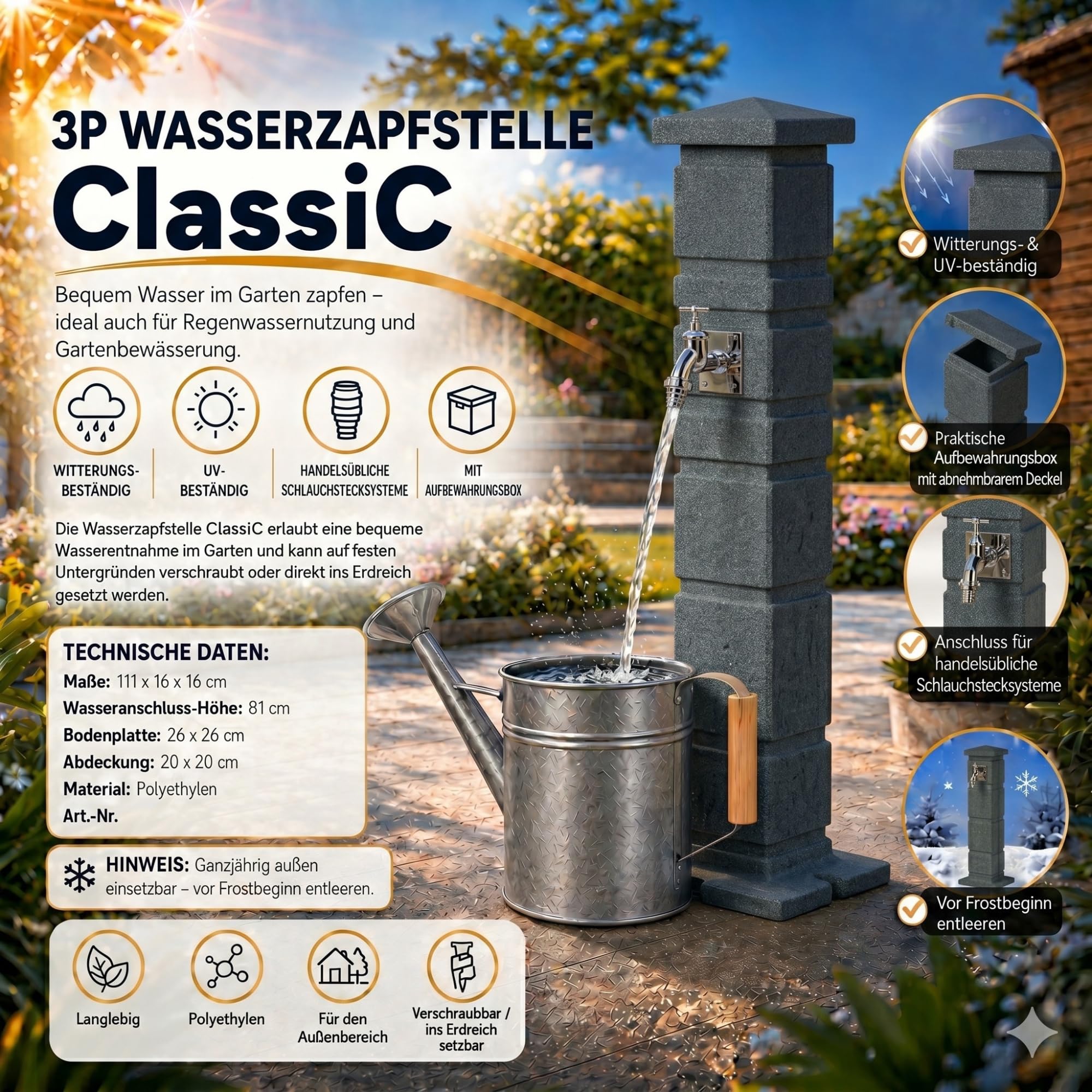 YourCasa Classic Wassersäule Garten Granit-Optik | Römische Wasserzapfsäule mit 3/4 Wasserhahn & Aufbewahrungsbox | 111 cm Standbrunnen Zapfstelle | Witterungsbeständig (Anthrazit)