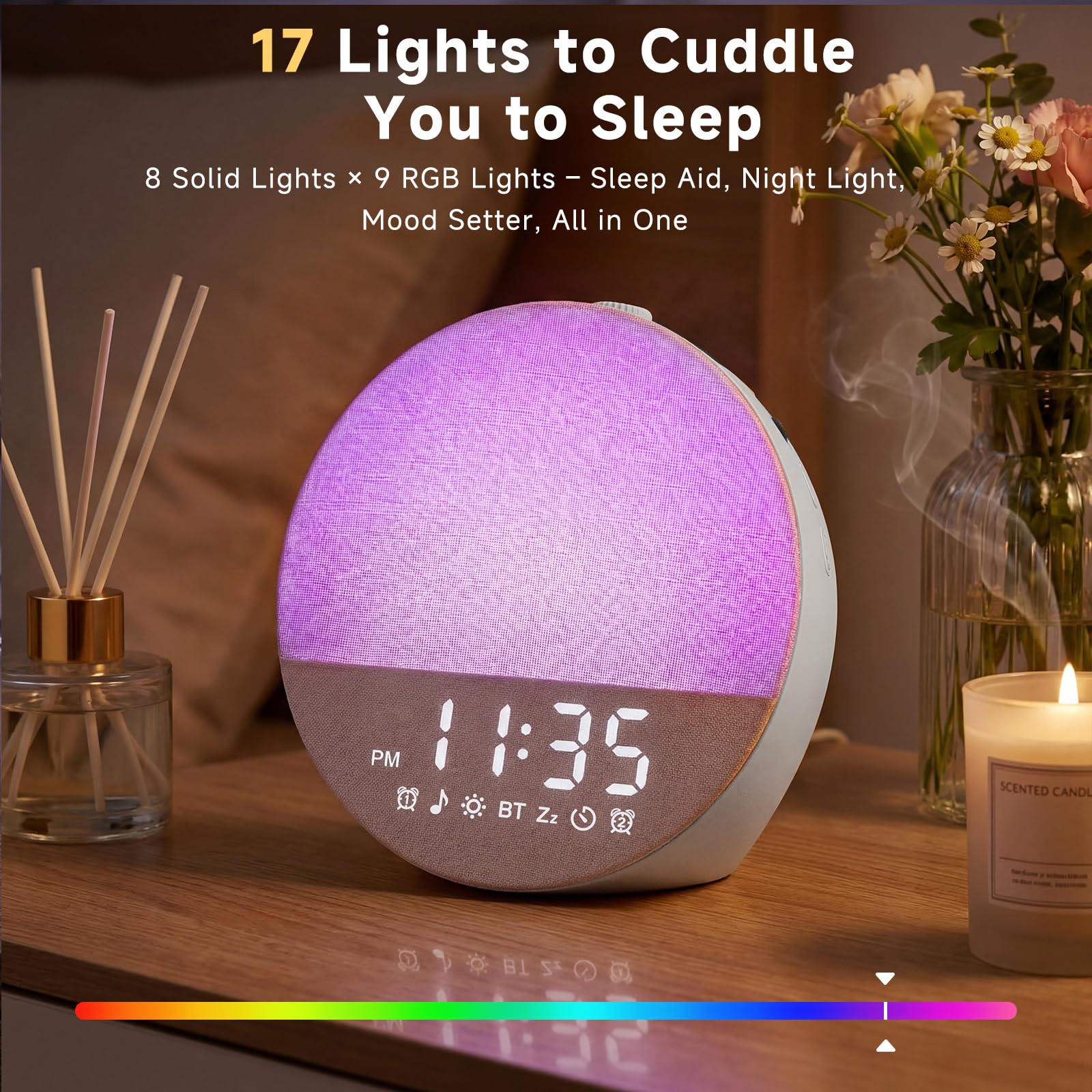 Geuuap Sonnenaufgangswecker mit weißem Rauschen | Natürliches Aufwachlicht für Schlafzimmer mit 30 beruhigenden Einschlafhilfen, Bluetooth-Lautsprecher, dimmbare Uhr, bildschirmfreies Design für Babys