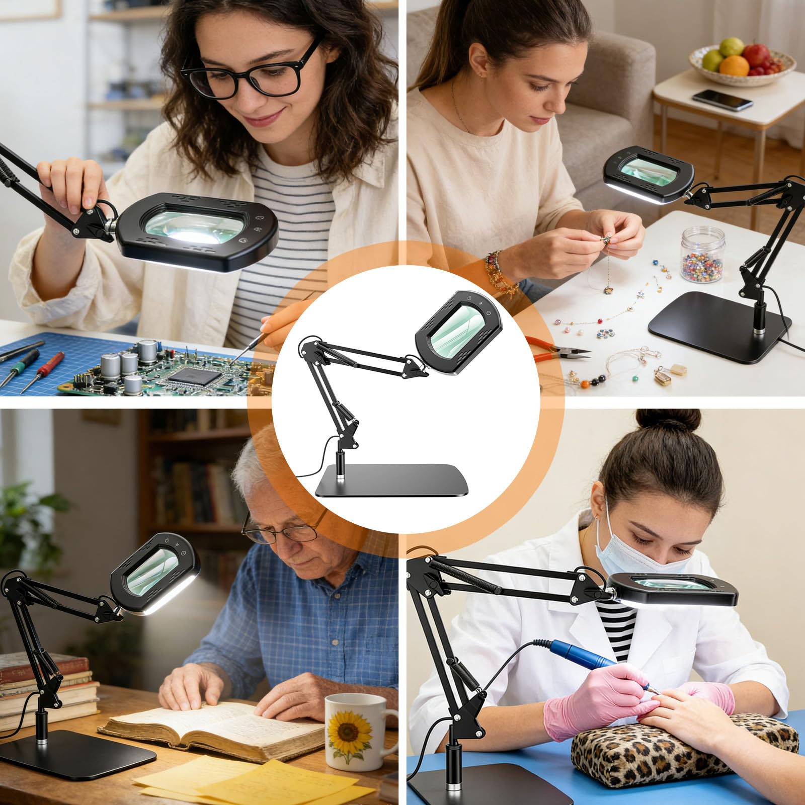 Lente d'ingrandimento 15X con luce e supporto, lampada da tavolo 2 in 1 con