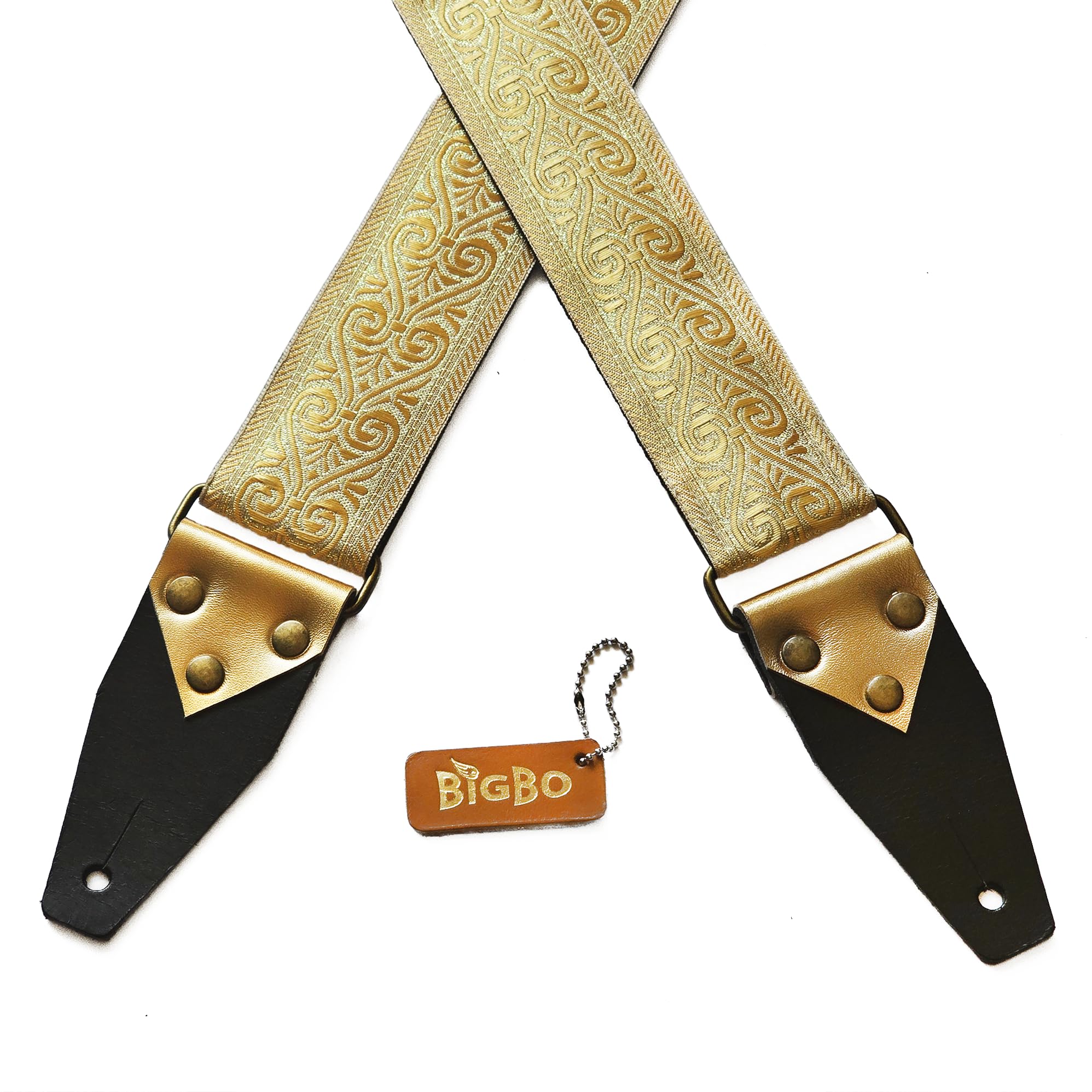 Goldener Gitarrengurt mit Plektrumhalter, Premium Gitarrengurt, E-Gitarrengurt, Lederenden, Vintage Design