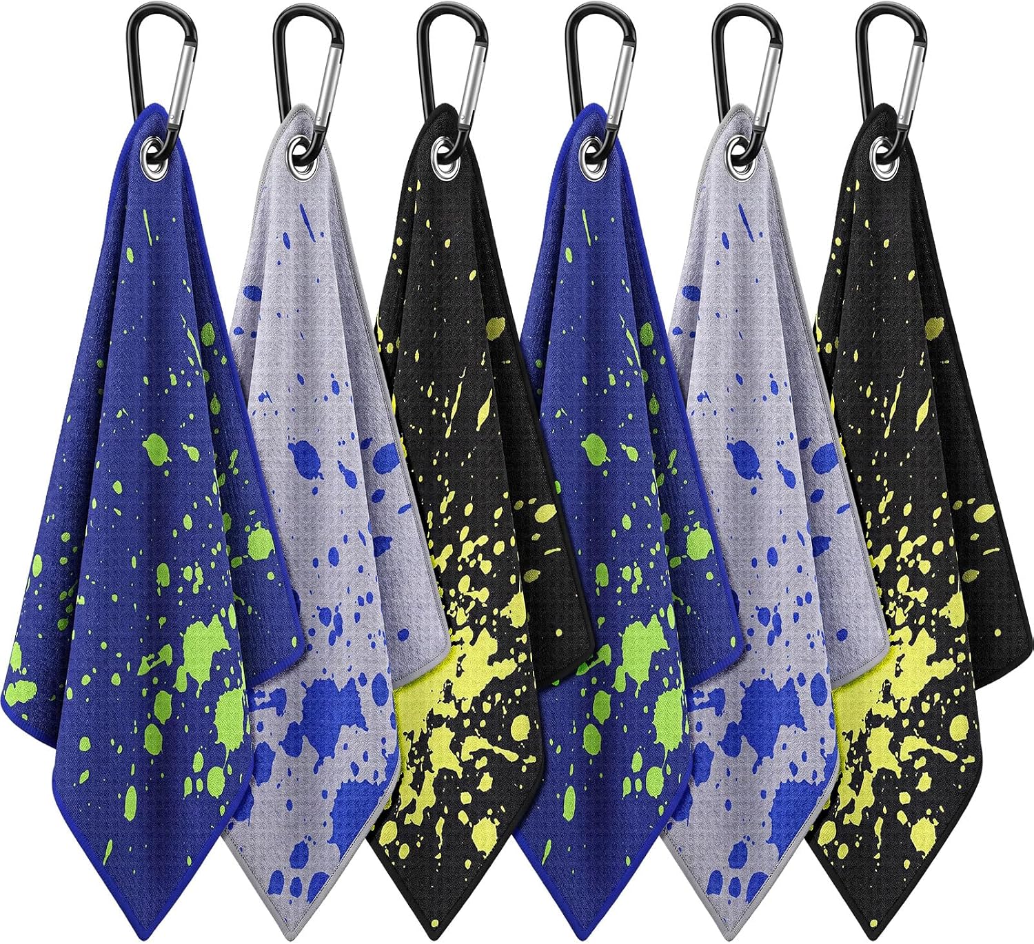 Batiyeer 6 Pcs Large Golf Towels (16" x 24") with Clips to Hang on Bag Cart Microfiber Splatter Fabric Waffle Towel for Golf Bags Absorbent Club Ball Cleaner and Gifts for Men Women(Black Gray Blue)