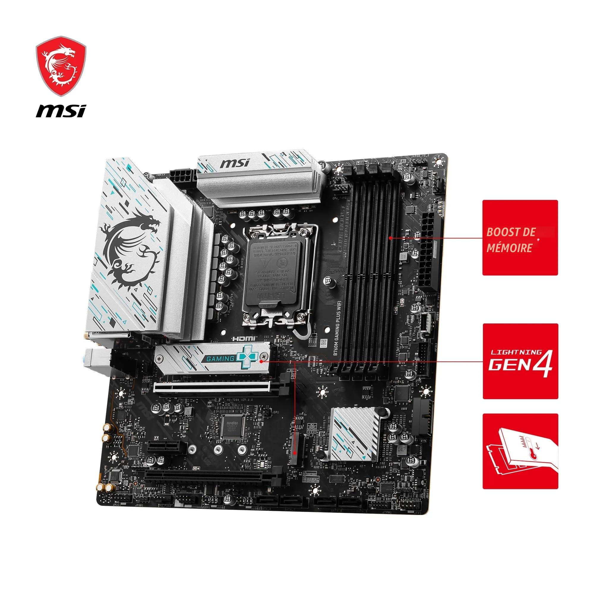 MSI B760M Gaming Plus WiFi Carte Mère, mATX - Compatible avec Les processeurs Intel de 14e, 13e et 12e Gén, LGA 1700 - DDR5 Memory Boost 6800+MHz/OC, 1x PCIe 4.0 x16, 2 x M.2 Gen4, LAN 2.5G, Wi-FI 6E