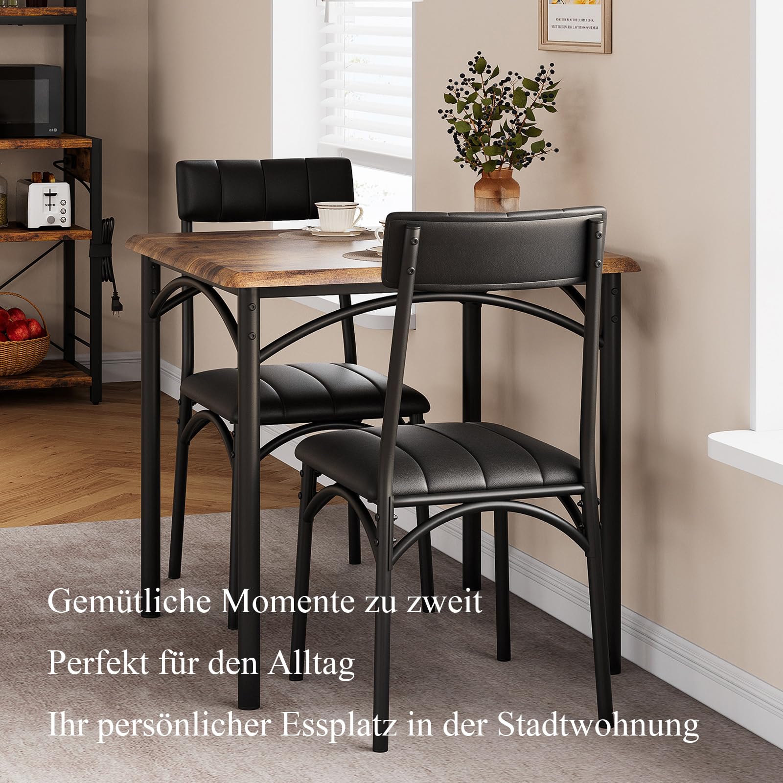 Essgruppen für 2 Personen, Kleiner Esstisch mit 2 Gepolsterten Stühlen, 3 Teiliges Küchentisch mi 2 Stühlen für Bistro, Küche, Wohnzimmer, Balkon, Restaurant - Retro-Holzfarbe