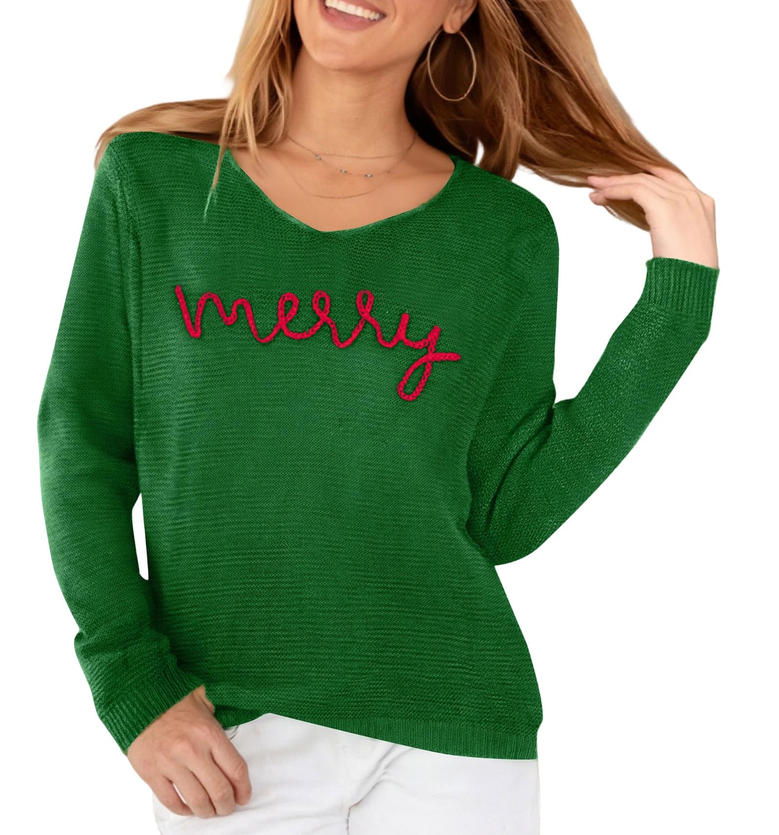 Christmas Sweaters Women Merry Letter Embroidery Hollow Out Knit Long Sleeve Shirt Holiday V Neck Crochet Pullover Top