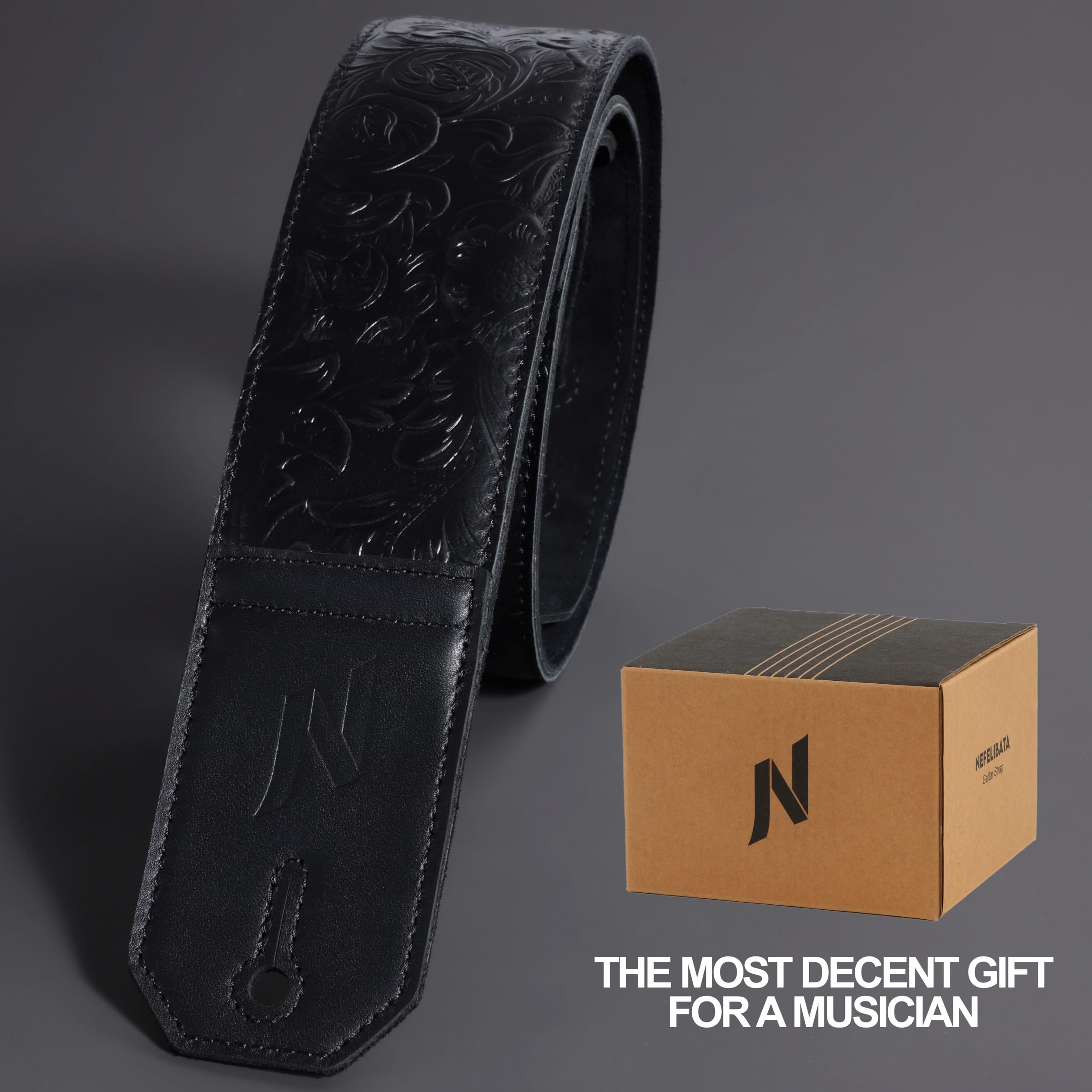 Nefelibata sangle de guitare, 2.3 » large pleine fleur sangle de guitare en cuir avec un rembourrage doux pour guitare basse, électrique et acoustique (Noir)