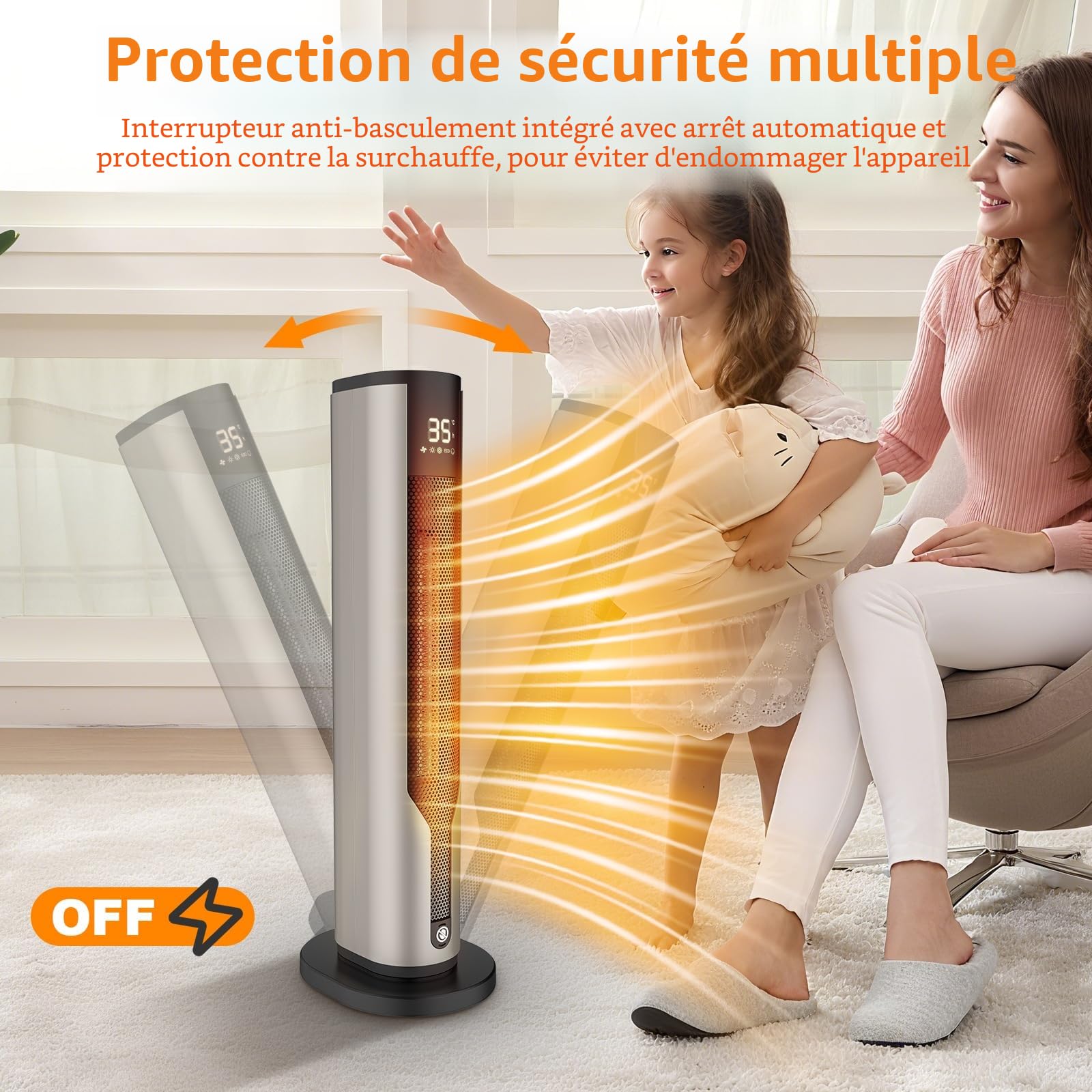 Chauffage d'appoint, radiateur électrique 60 cm, télécommande et minuterie 12h, interrupteur à bascule et protection contre la surchauffe, 2000 W, 3