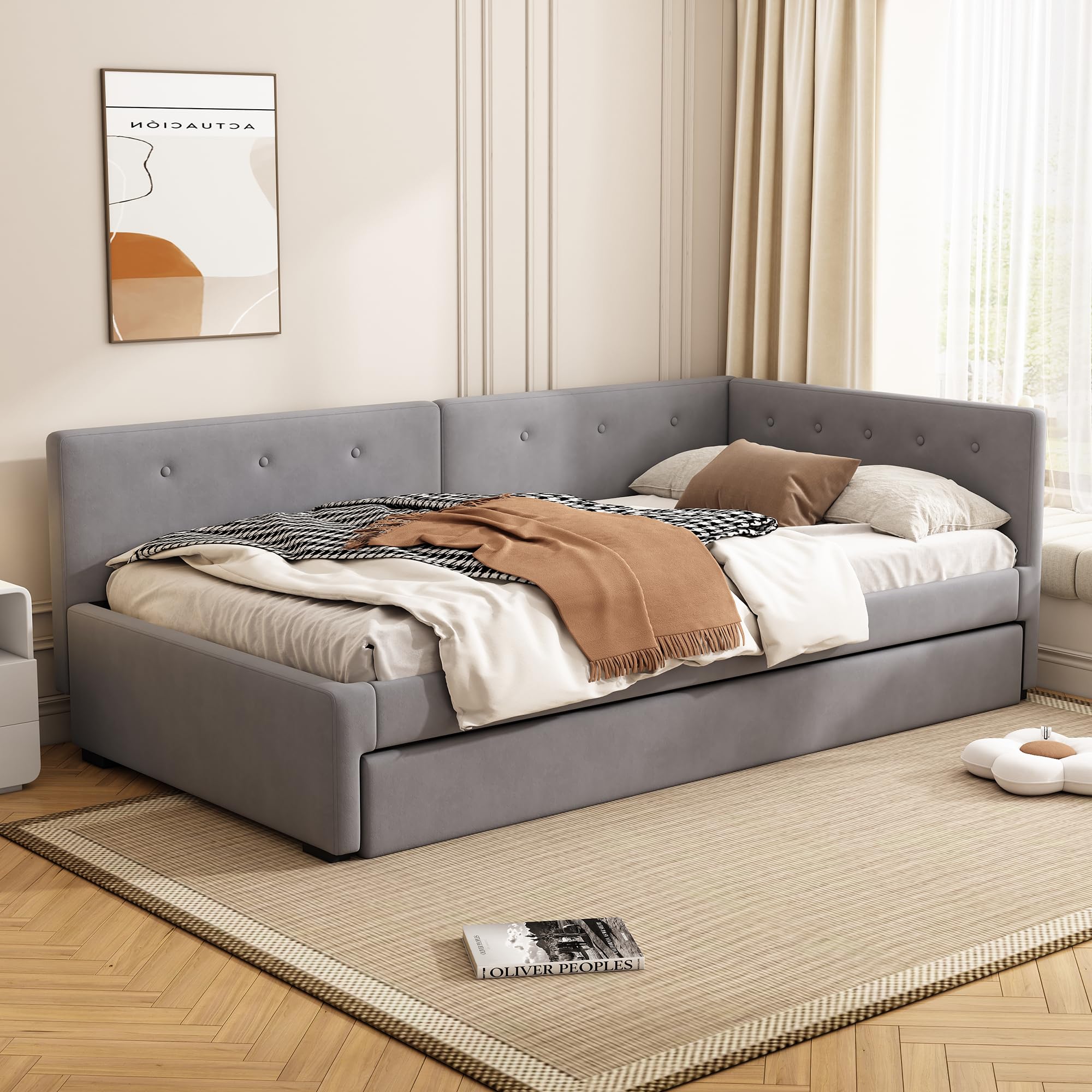 Daybett 90X200cm, Tagesbett mit Rollbett, Schlafsofa, Einzelbett (Ohne Matratze), Minimalistisches Styling (Grau)