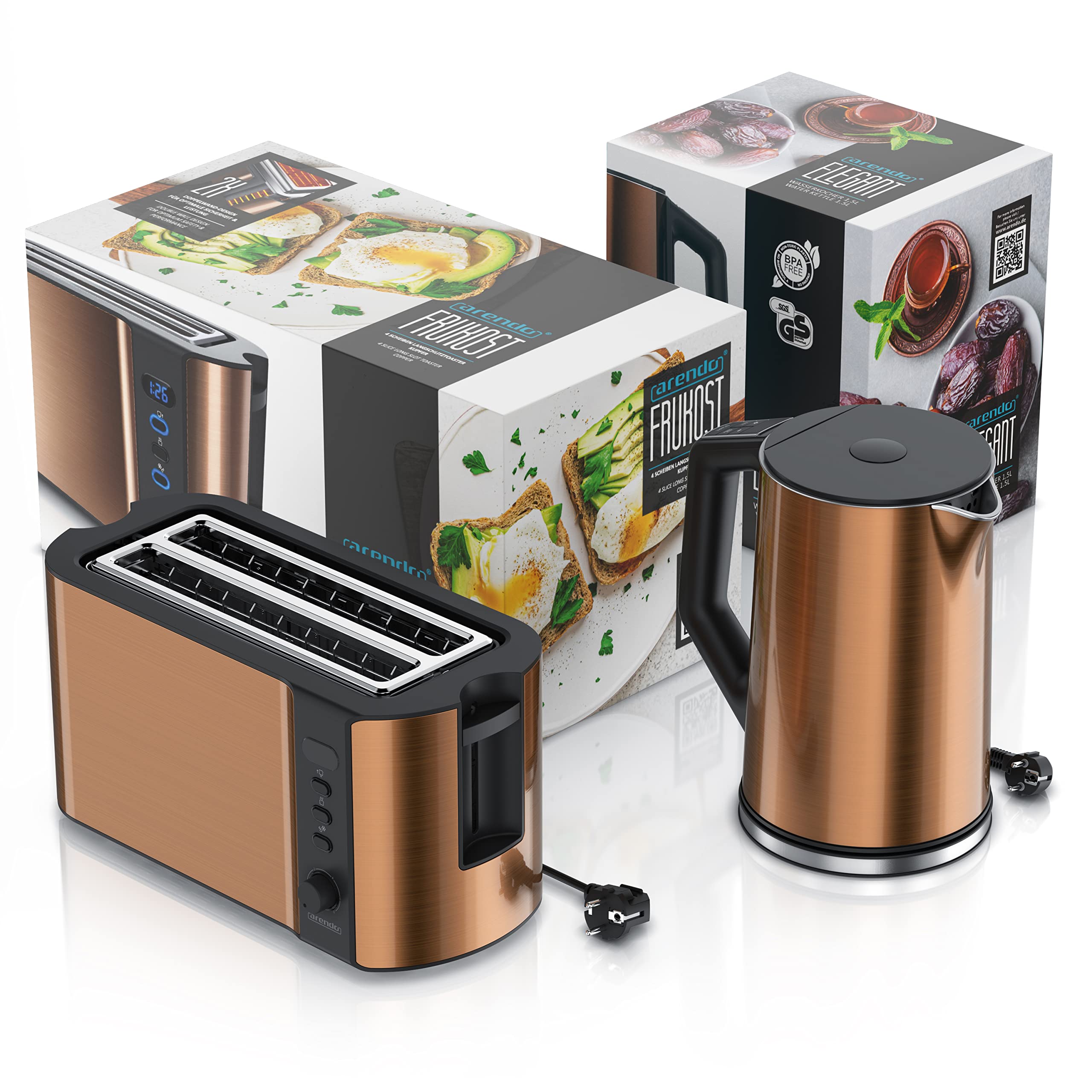 arendo Ensembles Bouilloire et Grille-Pain en Set Bouilloire en INOX 1,5L 40°-100°C, Grille-Pain 4 Tranches Ecran LED 6 Niveaux de brunissage Support viennoiserie Grille Pain cuivre