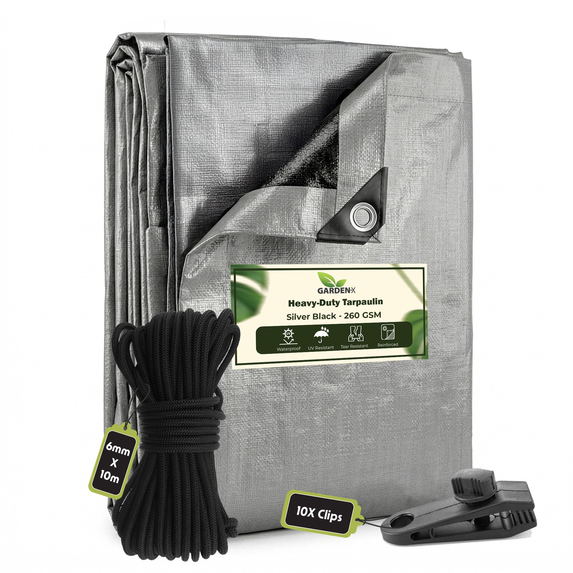 GARDENIX 3m x 4m Silver Heavy Duty 260gsm Tarpaulin Waterproof Tarp Sheet Cover, Groundsheet, Multipurpose, Reinforced Eyelets with 10m of 6mm Bungee Rope and 10 x Screw Type Tarp Clips