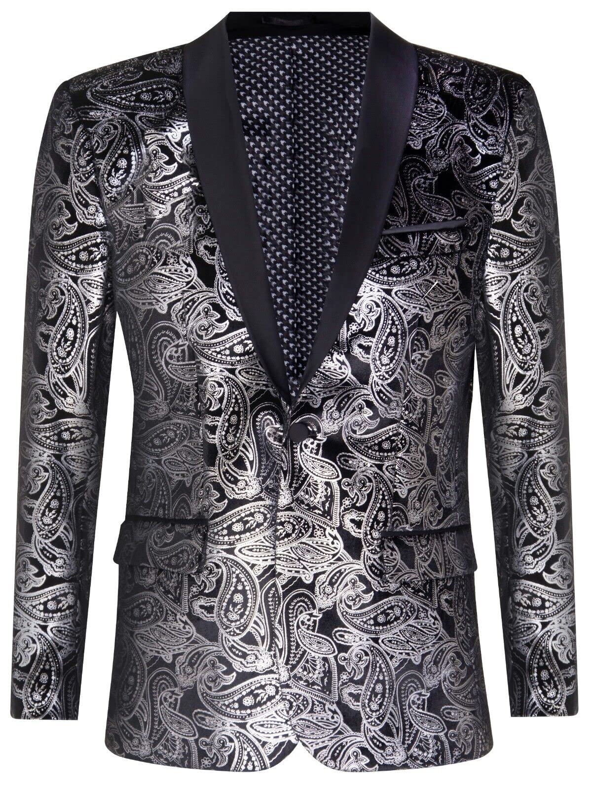 Classic Paisley Velvet Tuxedo Dinner Jacket - Silver Paisley with Black Satin Lapels - Men's 52R