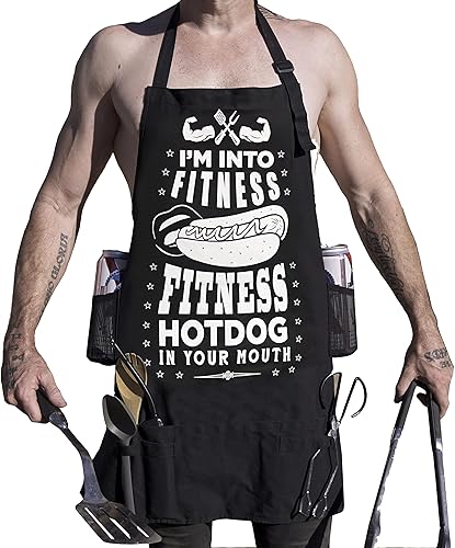 Miniatura 1 de "Fitness Hotdog" - Delantal de barbacoa sucio divertido y sexy desagradable - 100% lona - 5 bolsillos - 4 trabillas para herramientas - 2 soportes