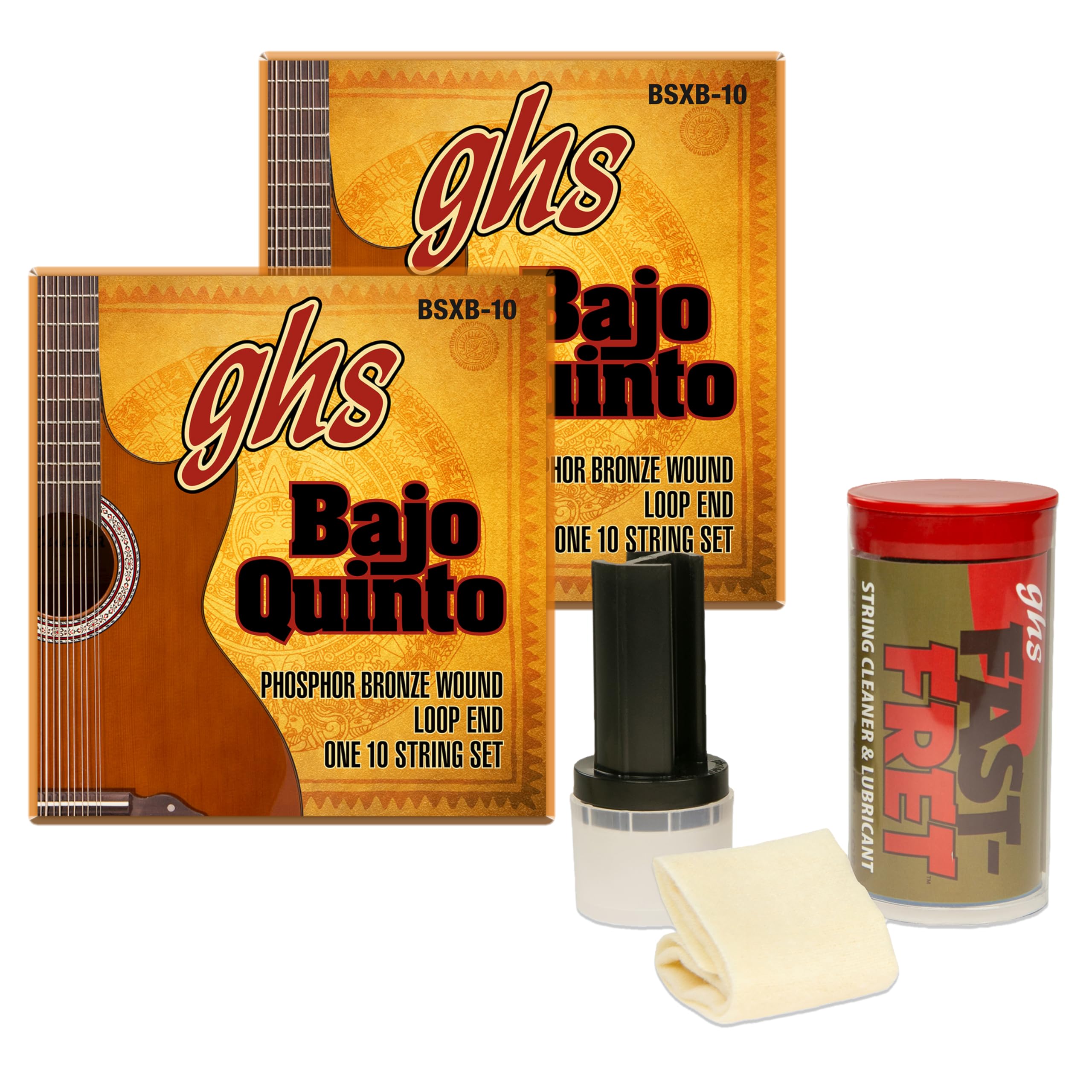 GHS Strings - Bajo Quinto 10 Saiten Phoshor Bronze – 2er-Pack (BSXB-10–2 Sets) plus GHS Fast Fret