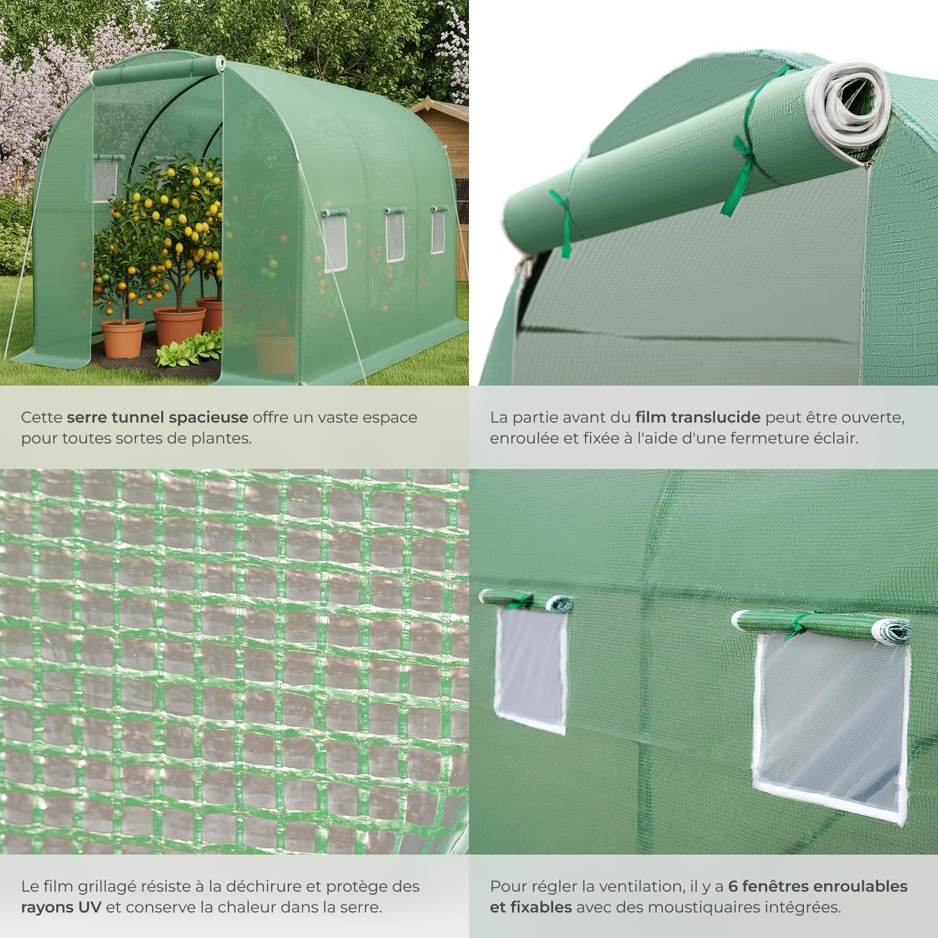 tectake® Serre de Jardin 7m2 Tunnel en Acier Thermo-Laqué & Plastique Anti UV avec 6 Fenêtres Latérales pour Potager Exterieur Serre d'hivernage Tente Abri pour Plantes Serre à semis 343x200x200cm