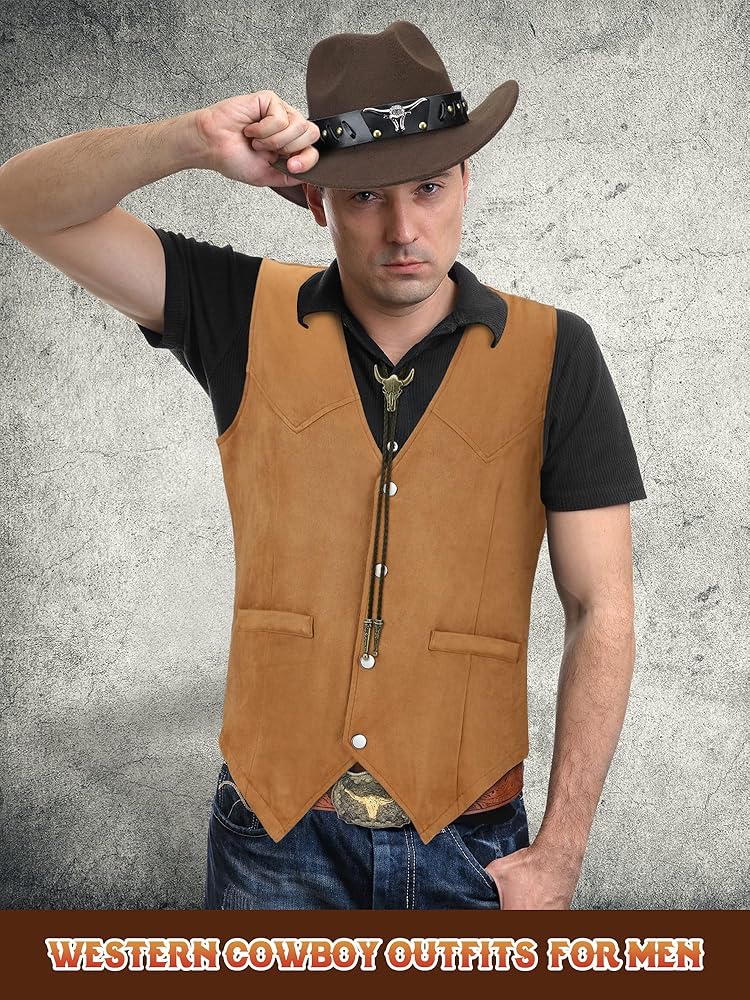 ASMIZ 4 Pcs Cowboy Costume Set For Men, Western Outfits Cowboy Tassel Vest Hat Belt Buckle Paisley Bandana For Halloween Cosplay
