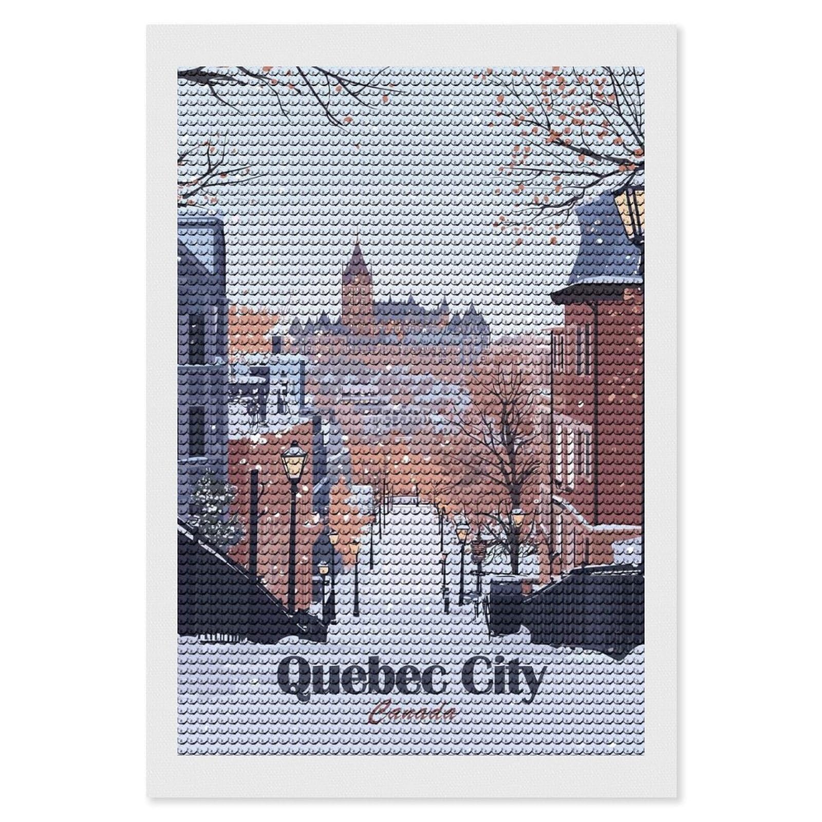 Junmoney Quebec City Winter Scene Illustration Diamond Painting Canvas Set 8"x12", Mindful Craft Activity, Nice Detail and Sparkle, Farmhouse Decor, Birthday Gift