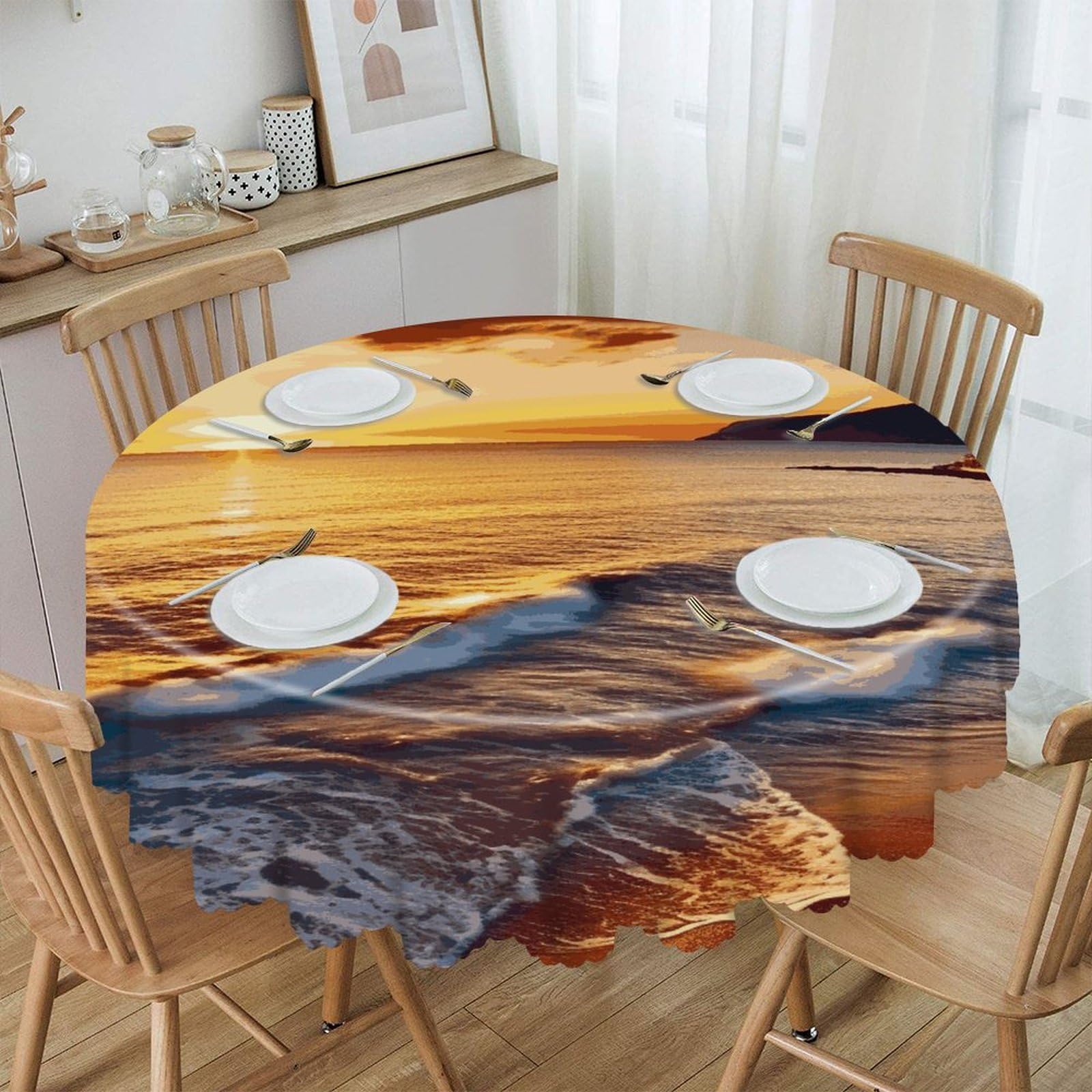 FekiLoot Seaside Sunset Round Tablecloths 60 Inch Resistant Washable Polyester Table Cloth Style Decorative Circle Fabric Table Cover for Dining Kitchen Party Farmhouse Outdoor
