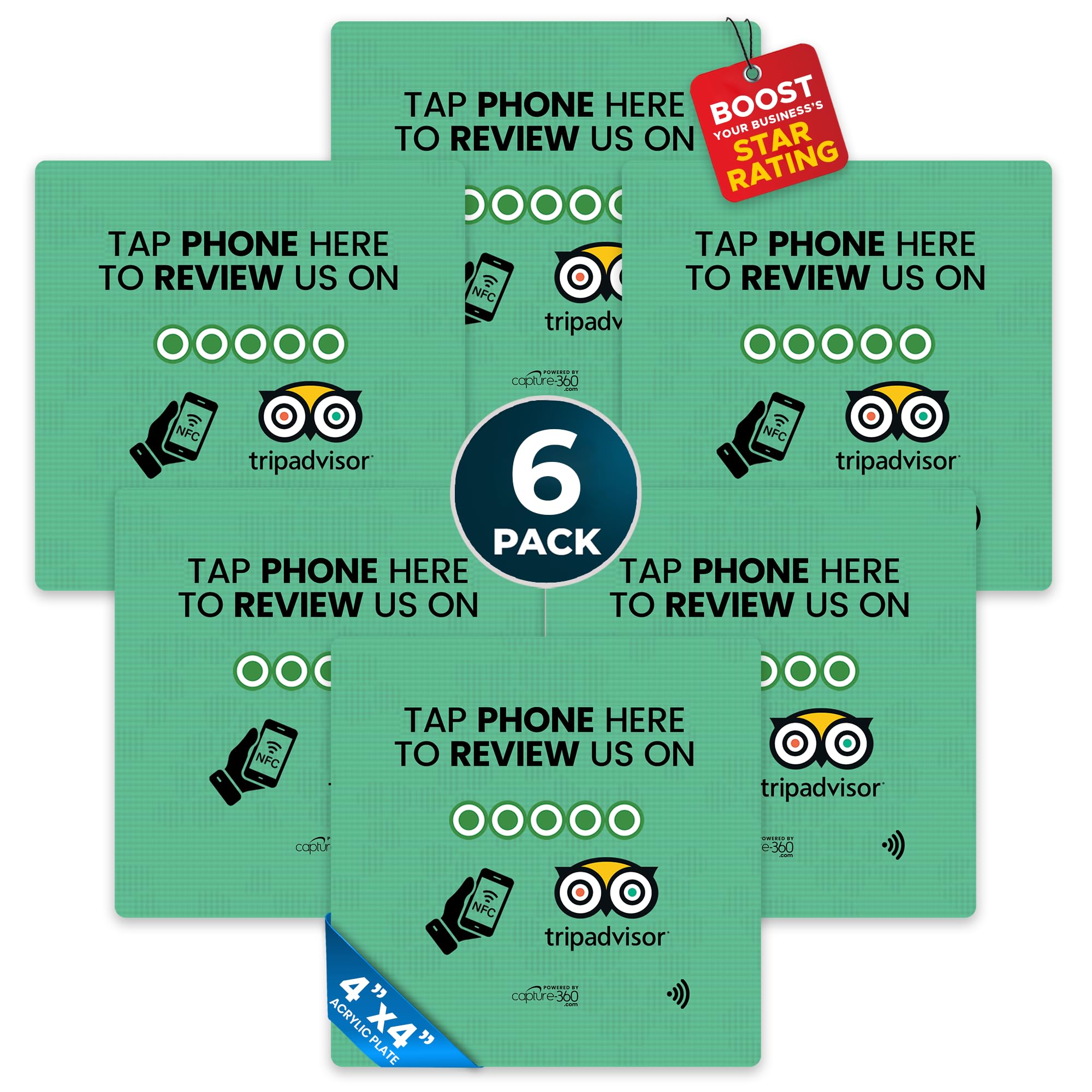 TripAdvisor Review Plate - NFC Tap Acrylic Display - Effortless Feedback Collection, Quick Activation, Small Business Compatible - Seamless Connectivity for Business or Personal Use - Green, Pack of 6