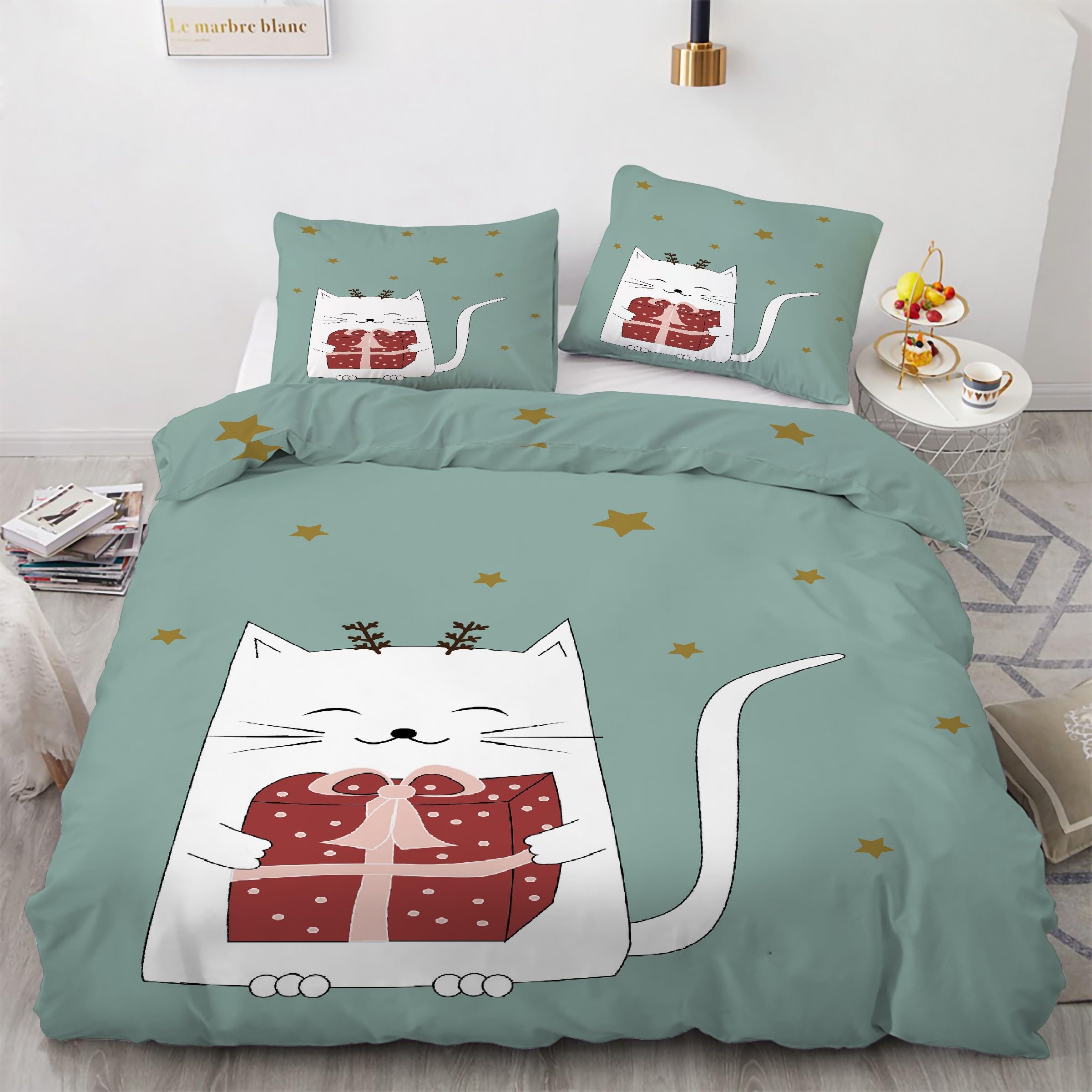 Housse de couette 160x200 microfibre douce zippée motif chaton mignon