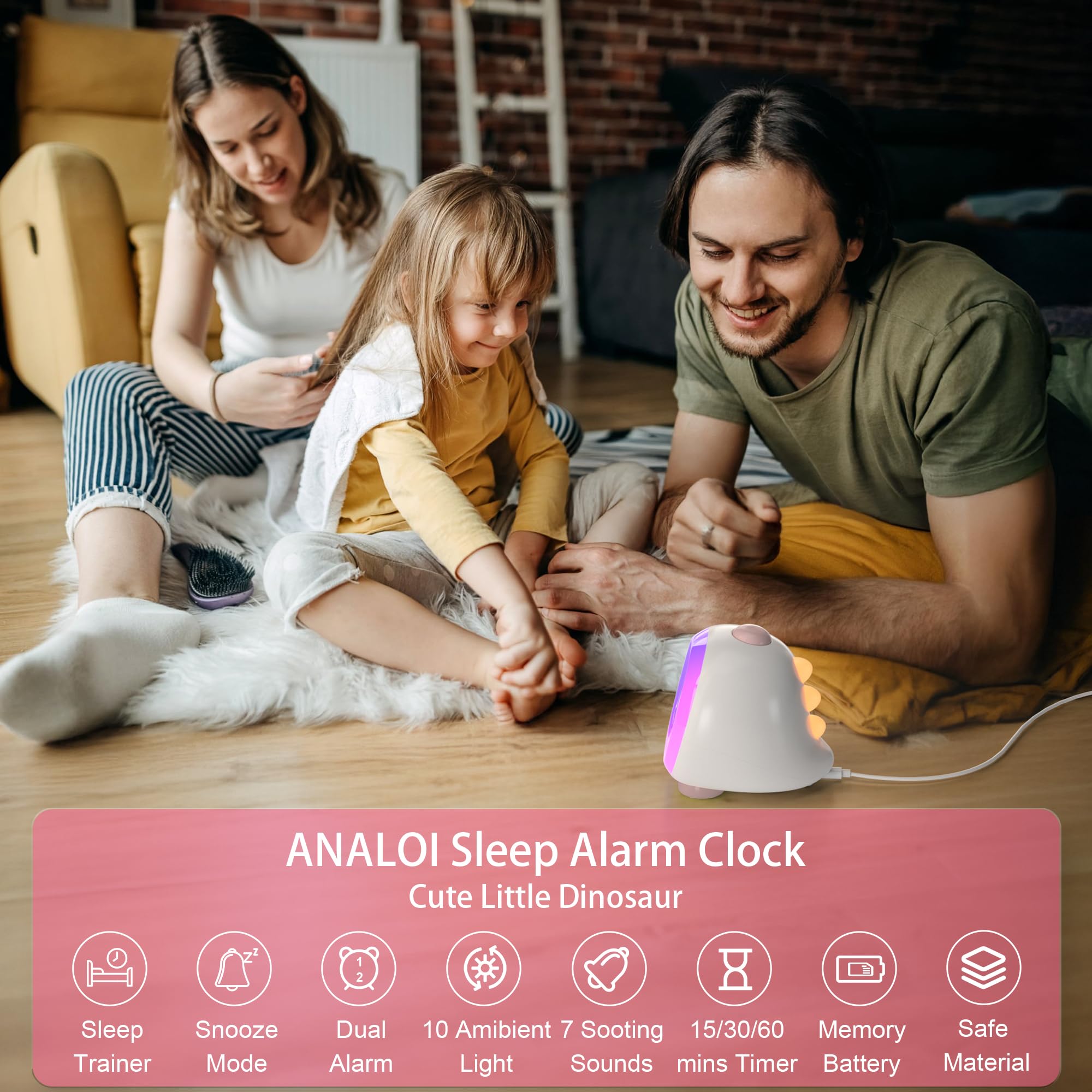ANALOI Jolie horloge pour enfants, veilleuse pour enfants avec mode répétition, minuterie de sommeil, double alarme, entraînement au sommeil, 3 luminosités, veilleuse 10 couleurs, volume réglable,