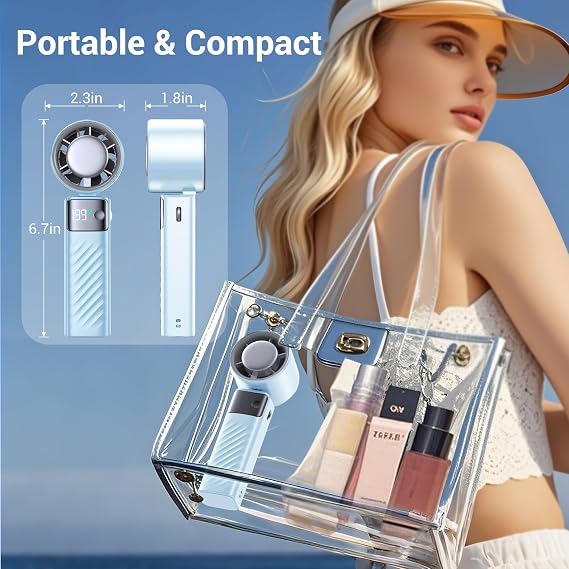 Portable Handheld Fan, Powerful Turbo Mini Personal Fan with 199 Speeds, 20hrs Run Time, Foldable & USB Rechargeable with LED Display, Gift for Women & Men, For Travel, Working, Outdoor(Ice Blue)